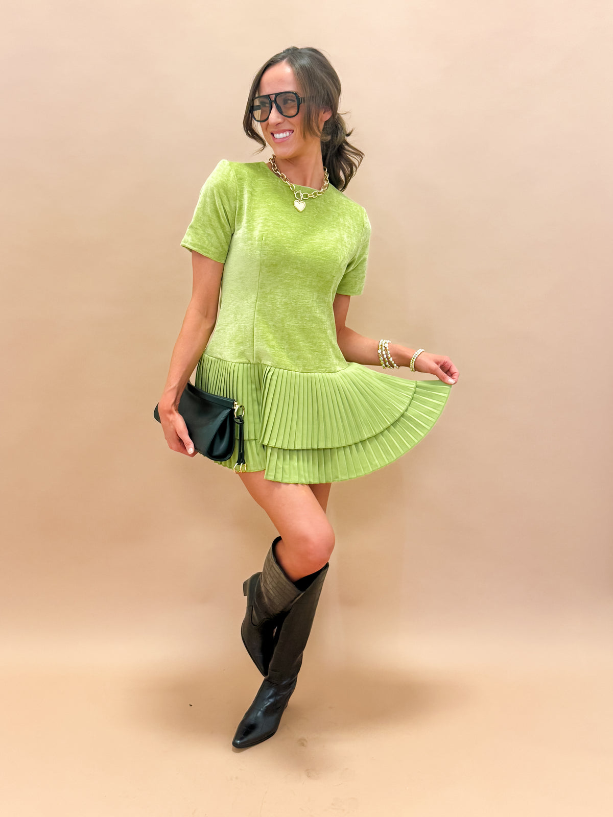 Arden Pleated Mini Dress-Green