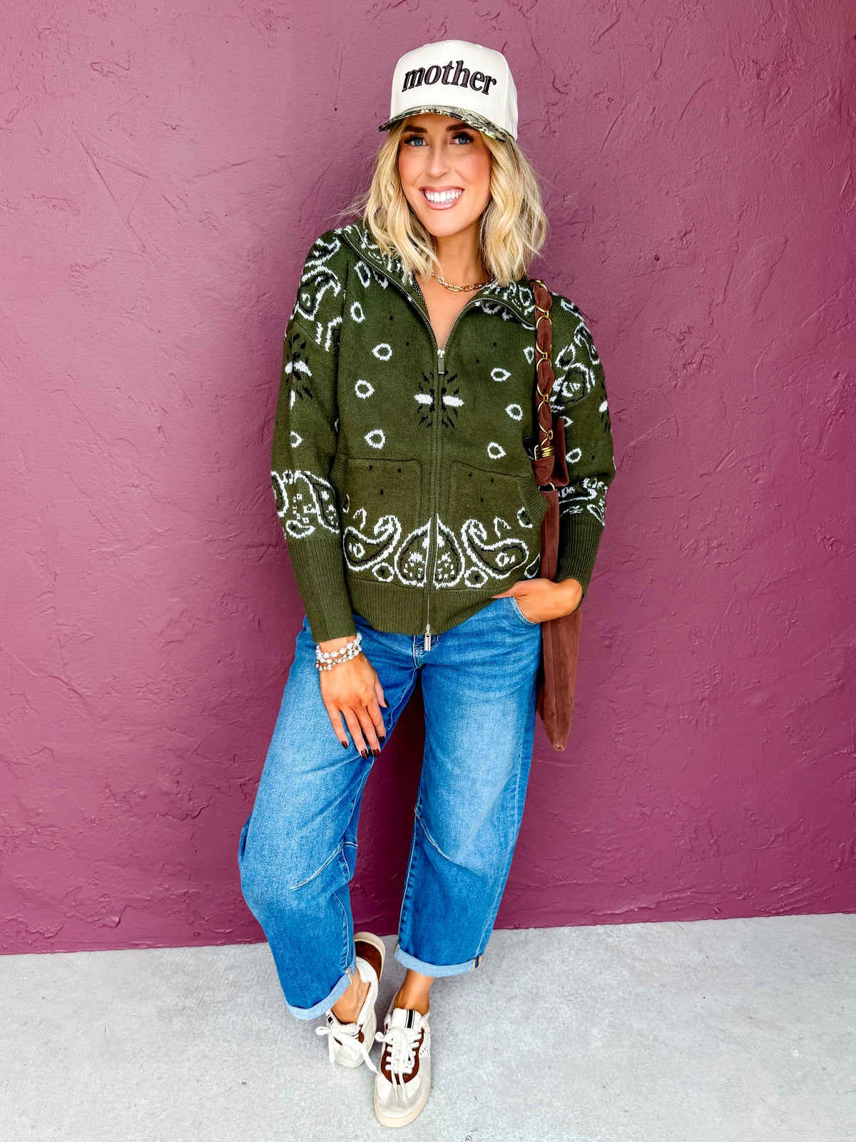 Aria Bandana Print Stand Collar Cardigan-Green
