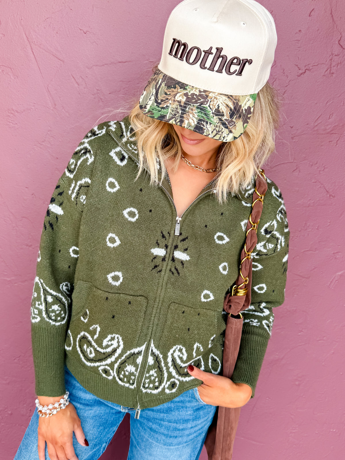 Aria Bandana Print Stand Collar Cardigan-Green