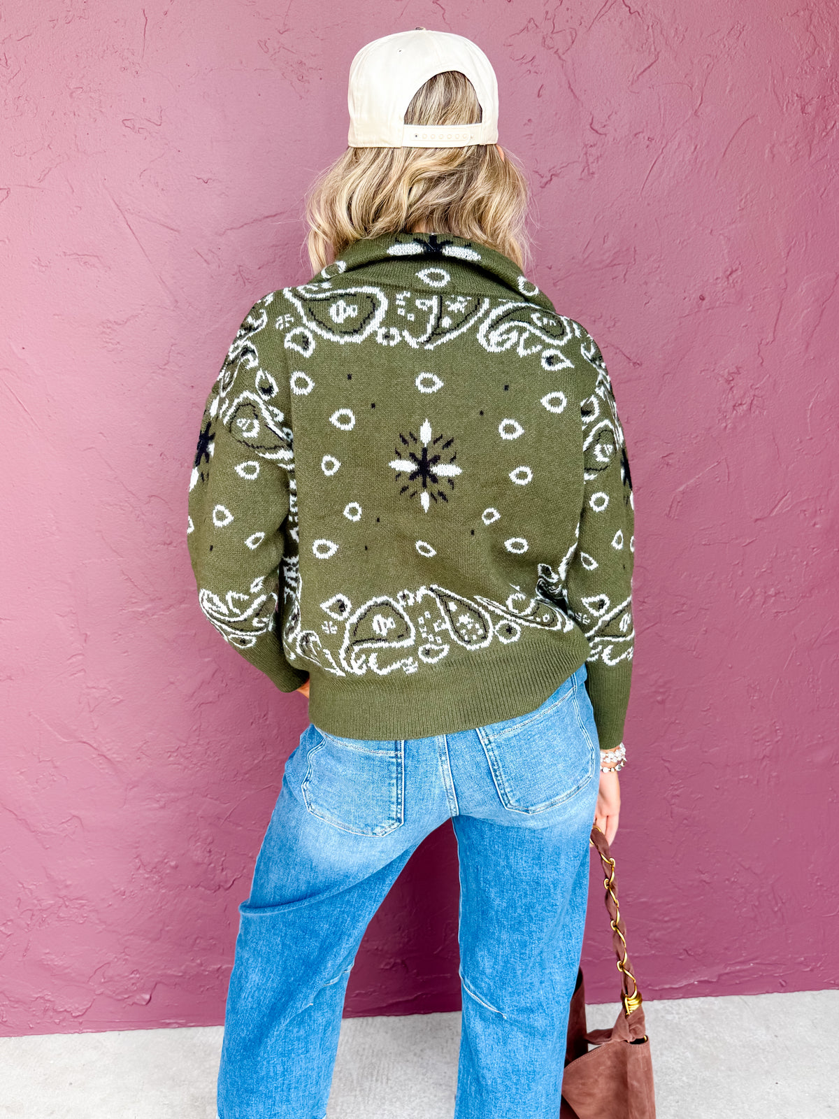 Aria Bandana Print Stand Collar Cardigan-Green