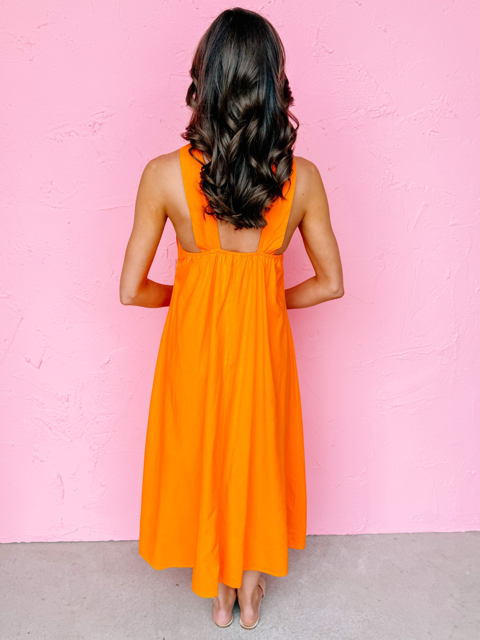 knee length dresses for ladies Ashby Linen Halter Midi Dress-Orange