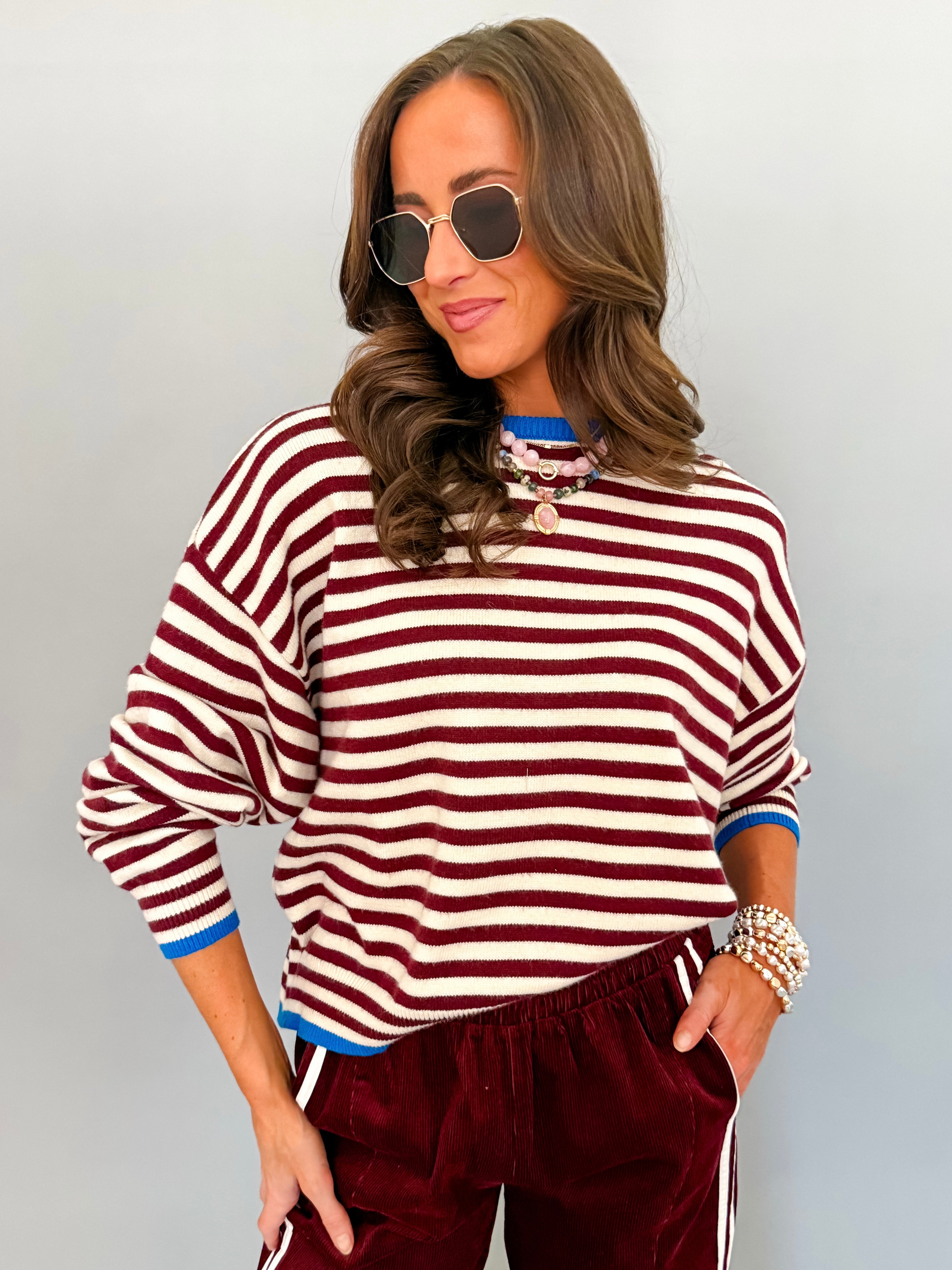 Audrey Striped Sweater-Bordeaux/Cobalt