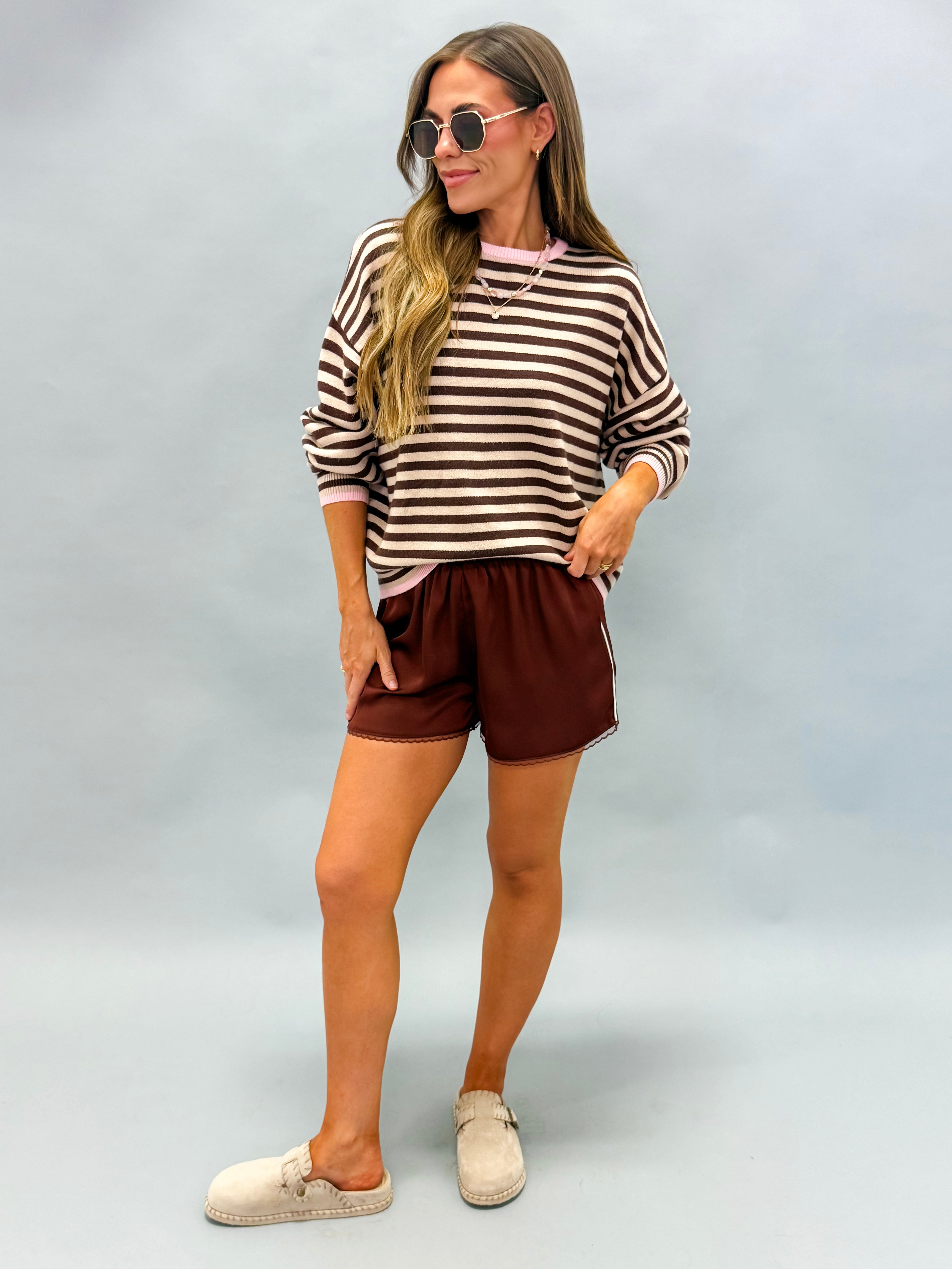 Audrey Striped Sweater-Chocolate/Pink