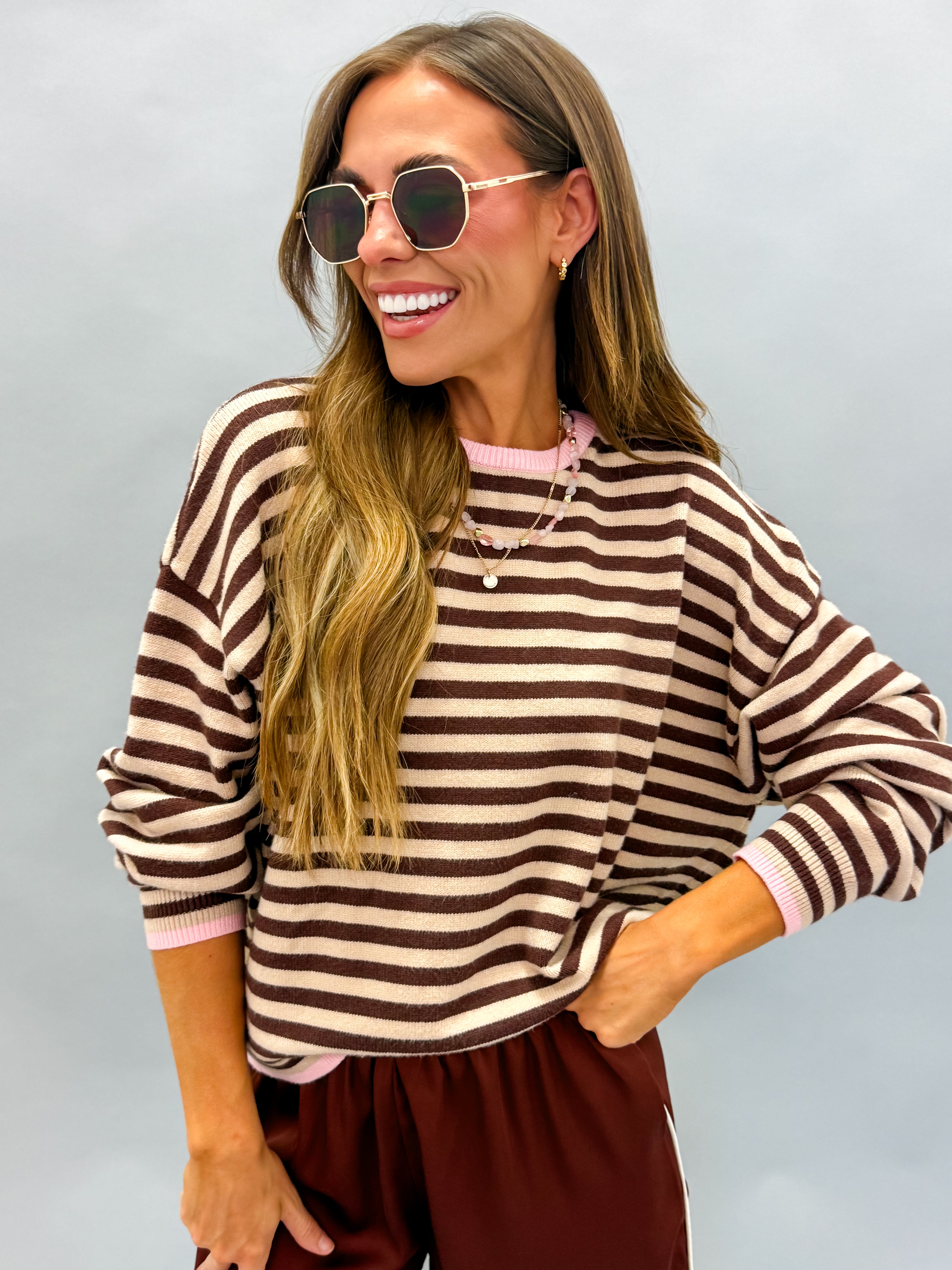 Audrey Striped Sweater-Chocolate/Pink