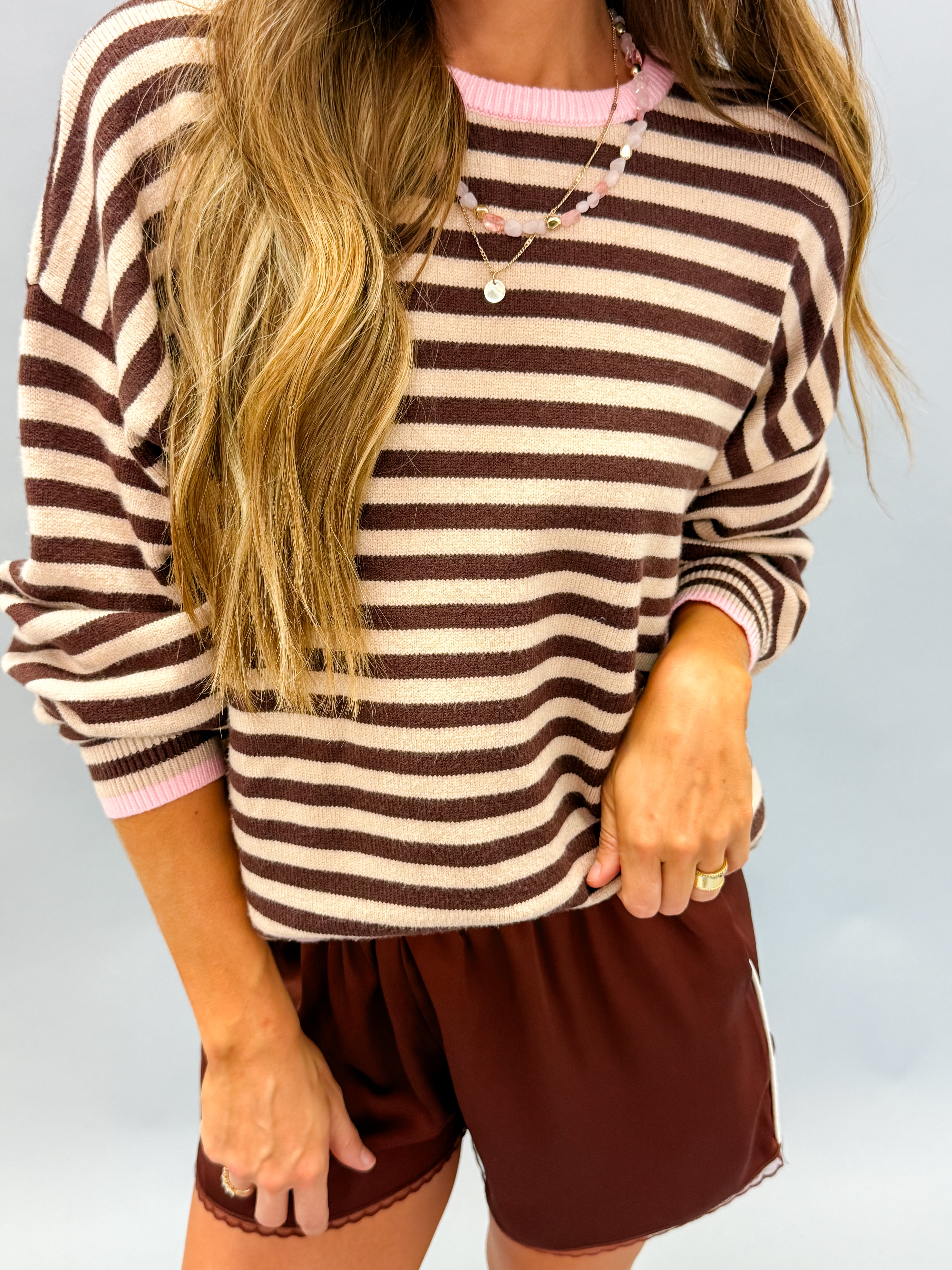 Audrey Striped Sweater-Chocolate/Pink