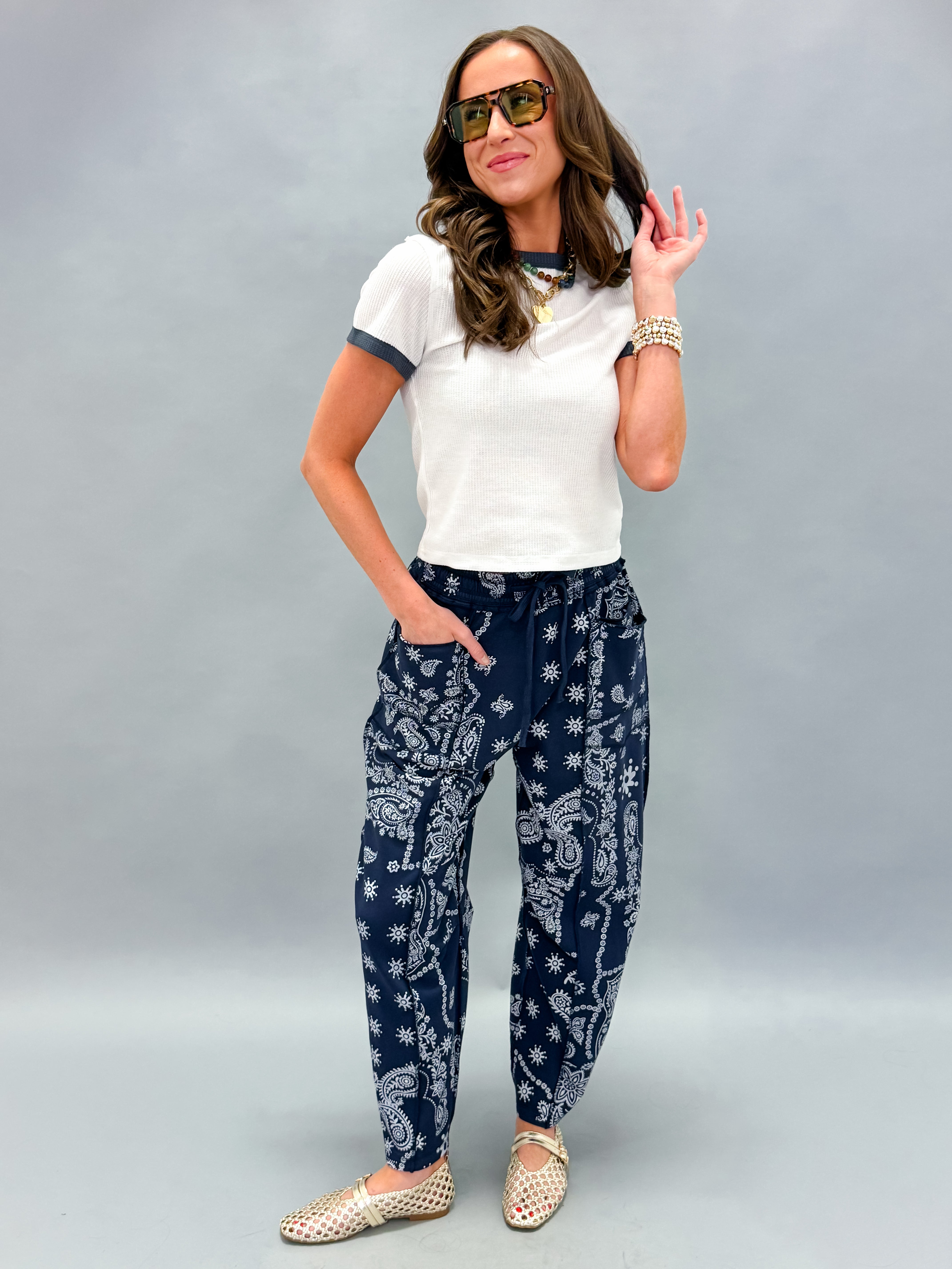 Bandera Barrel Knit Pants-Navy Bandana