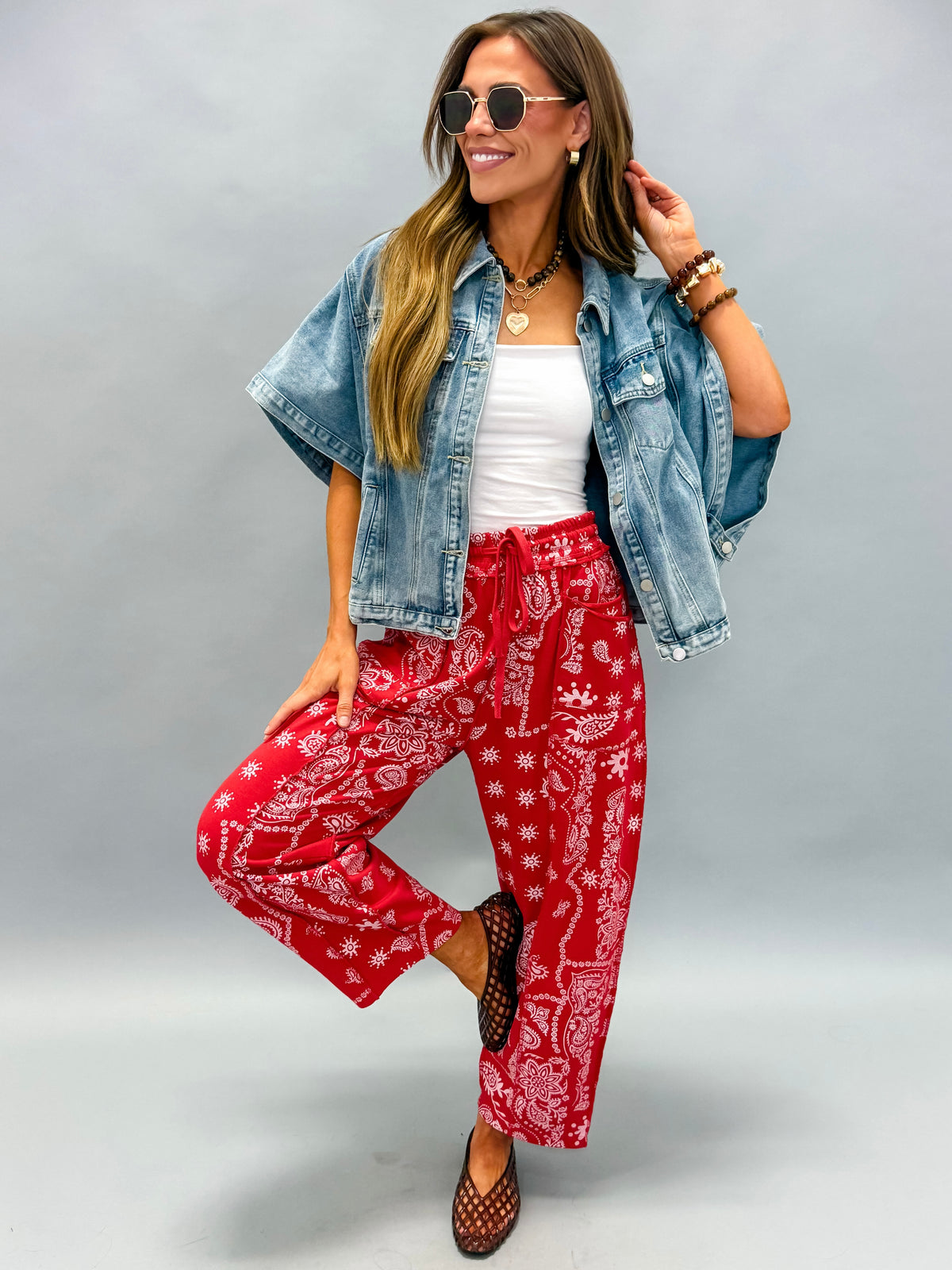 Bandera Barrel Knit Pants-Red Bandana
