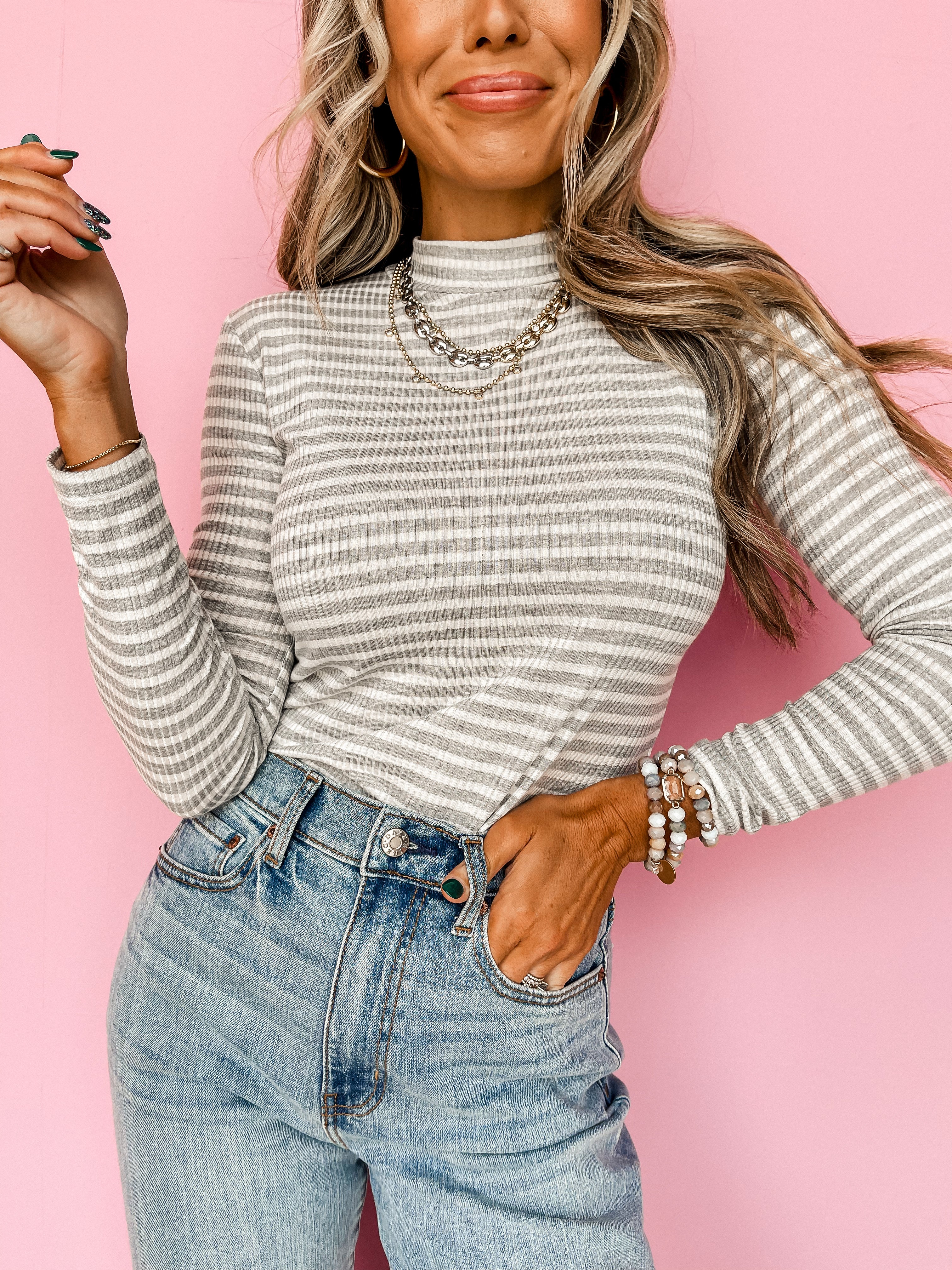 Be Simple Striped Mock Neck Top-Gray