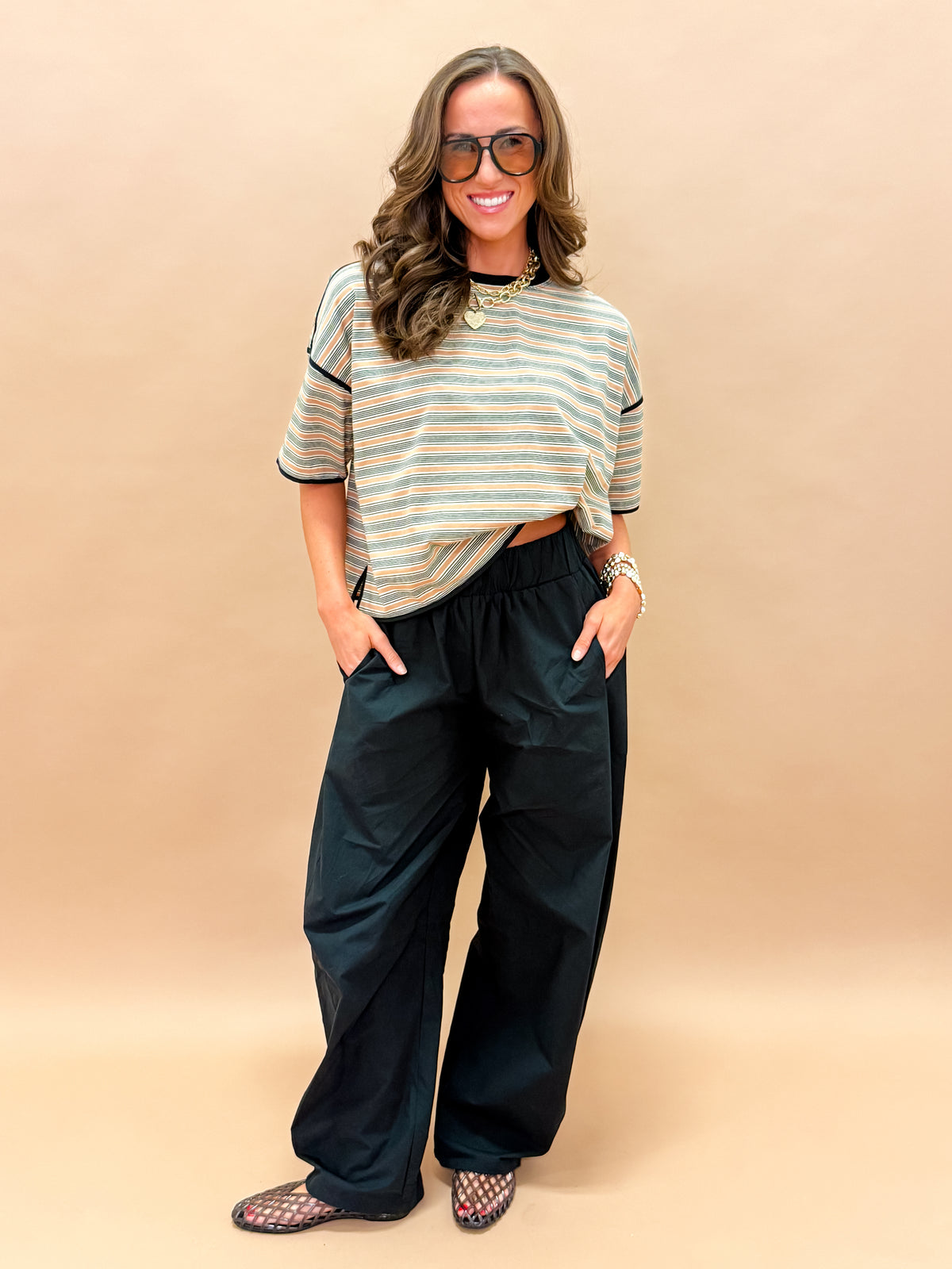 Bea Contrast Trim Striped Loose Fit Top-Tan/Black