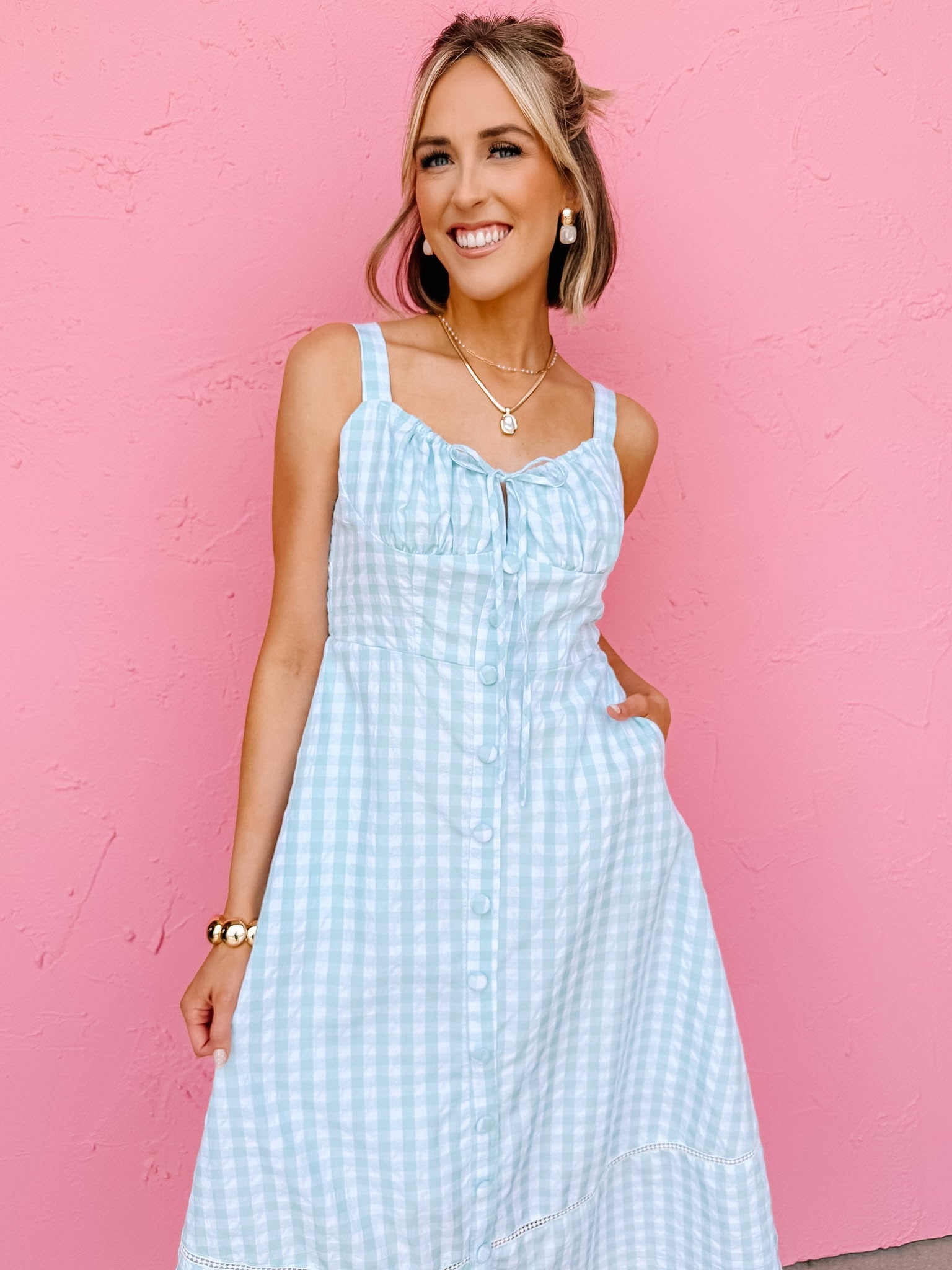 blue button front midi dress Belle Gingham Button Front Midi Dress