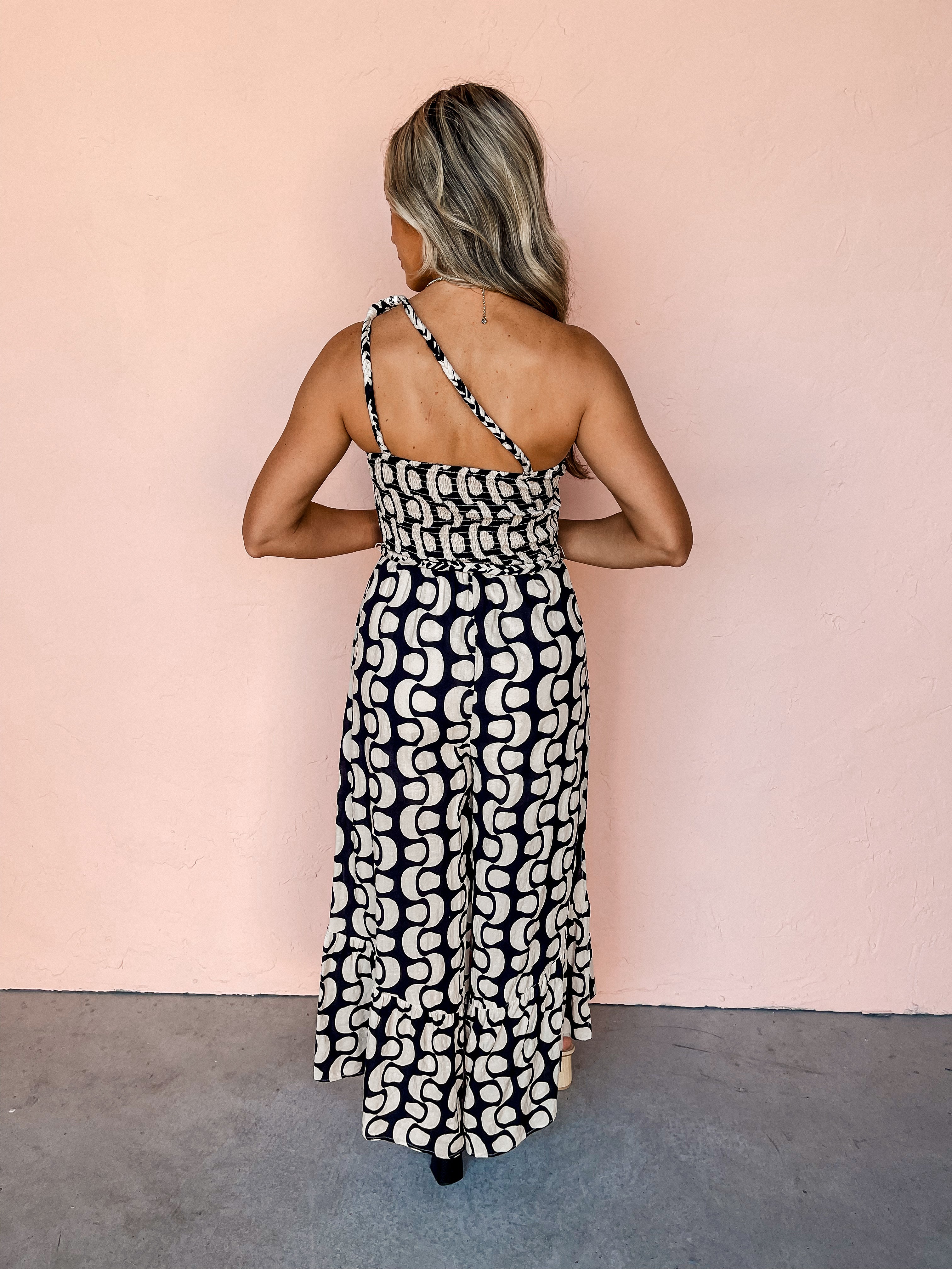 Beyond Compare Printed One Shoulder Jumpsuit