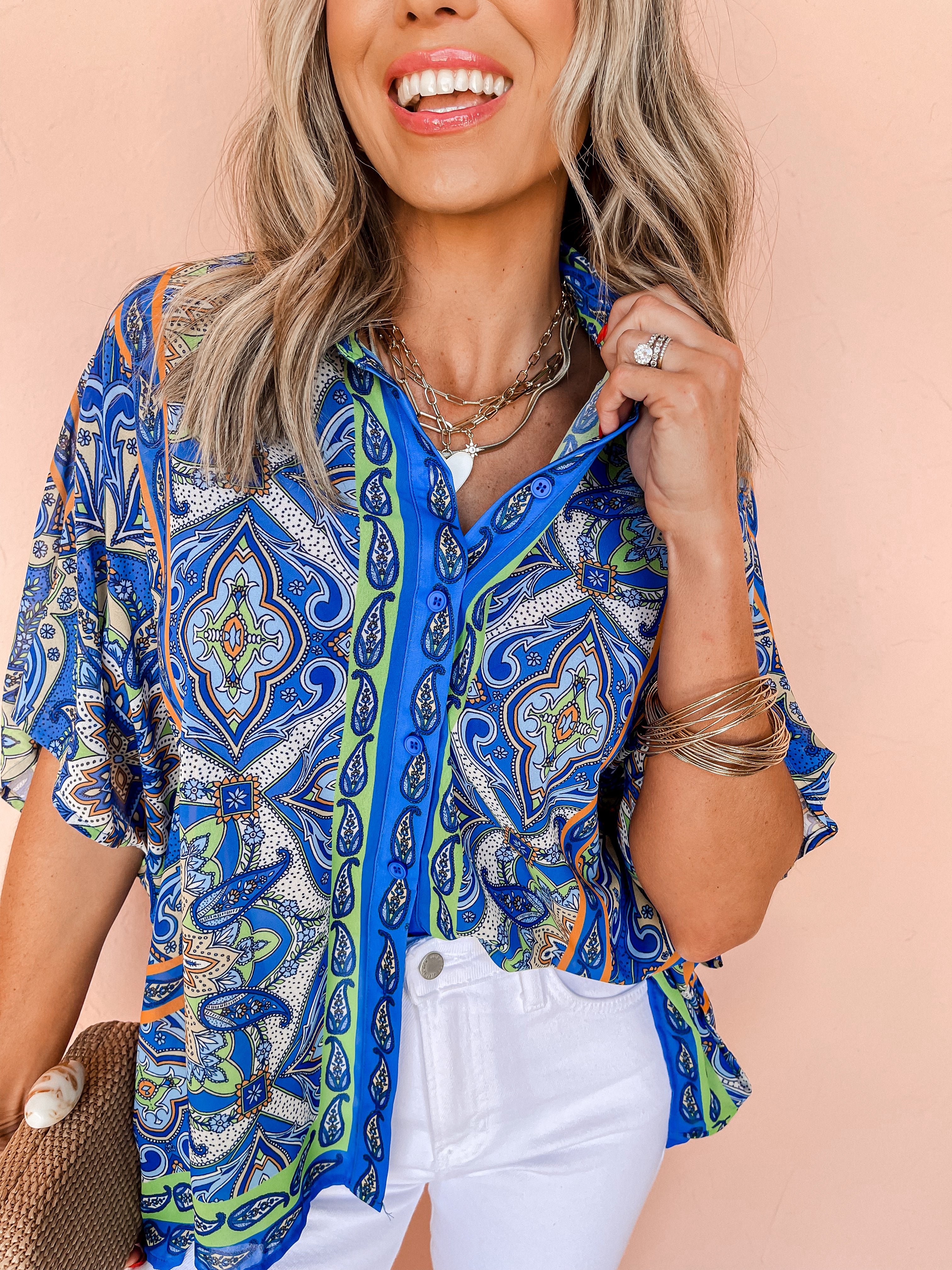 Beyond The Sky Printed Button Front Top