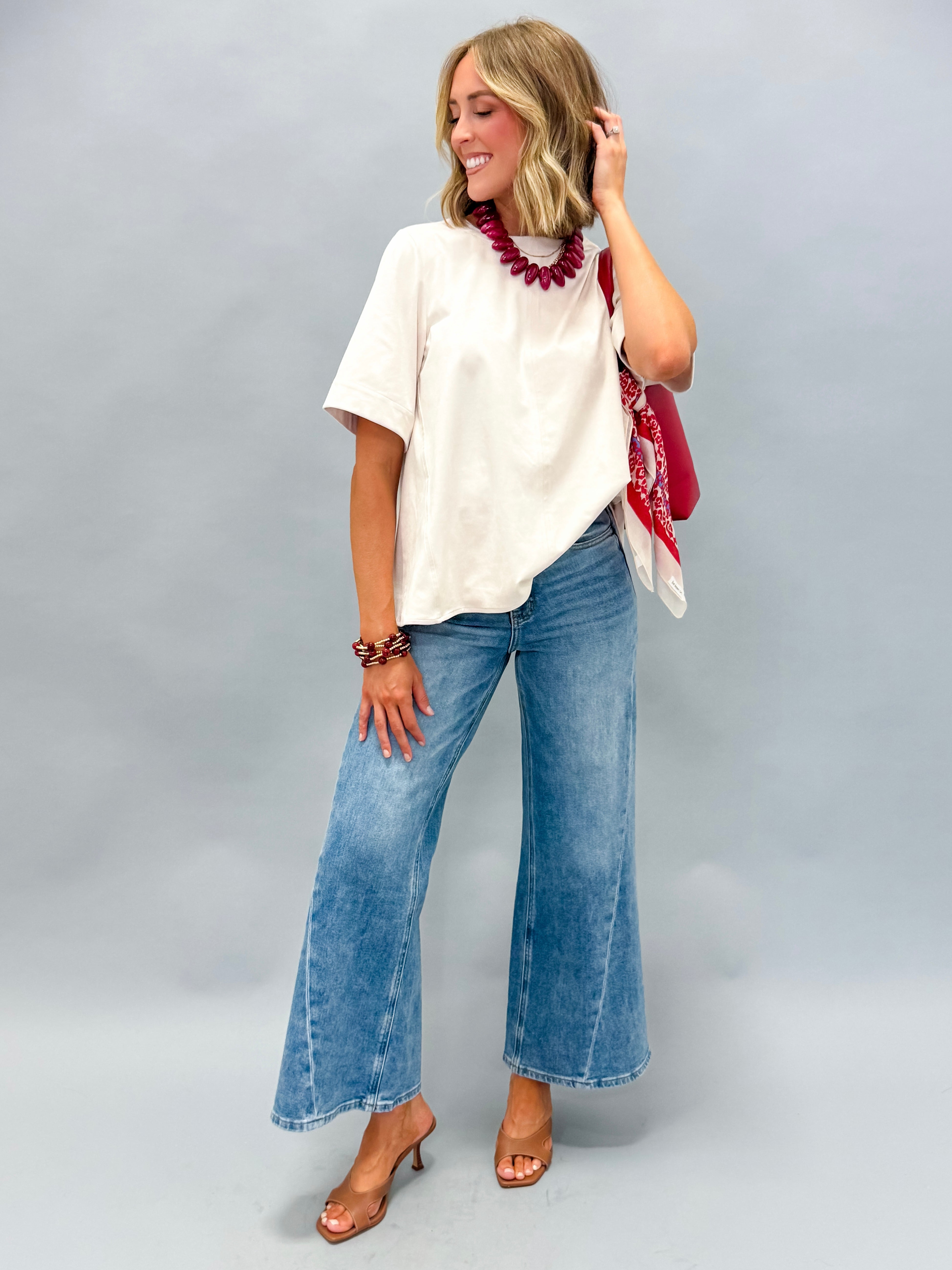Calla Faux Suede Crewneck Top-Ecru