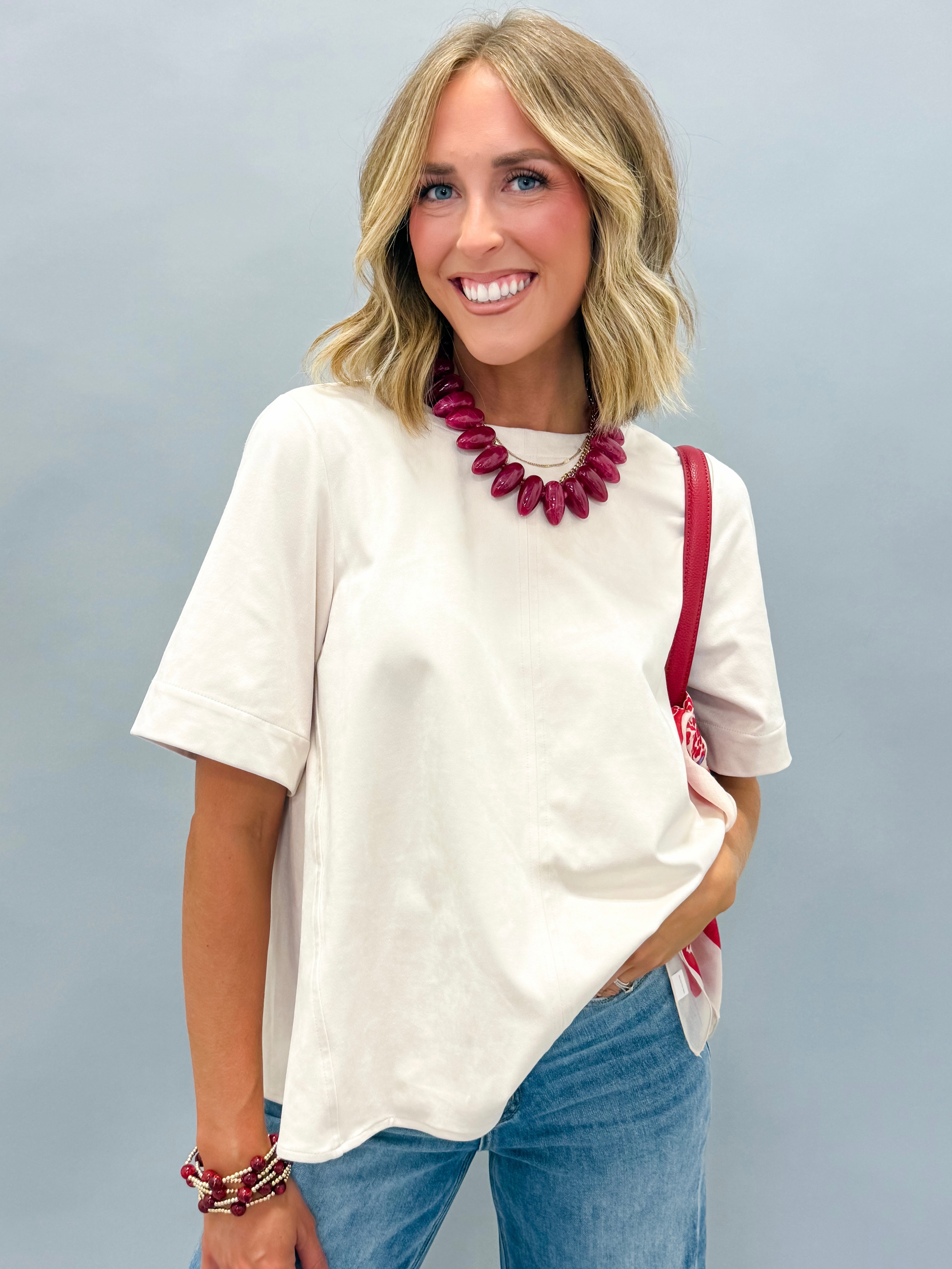 Calla Faux Suede Crewneck Top-Ecru