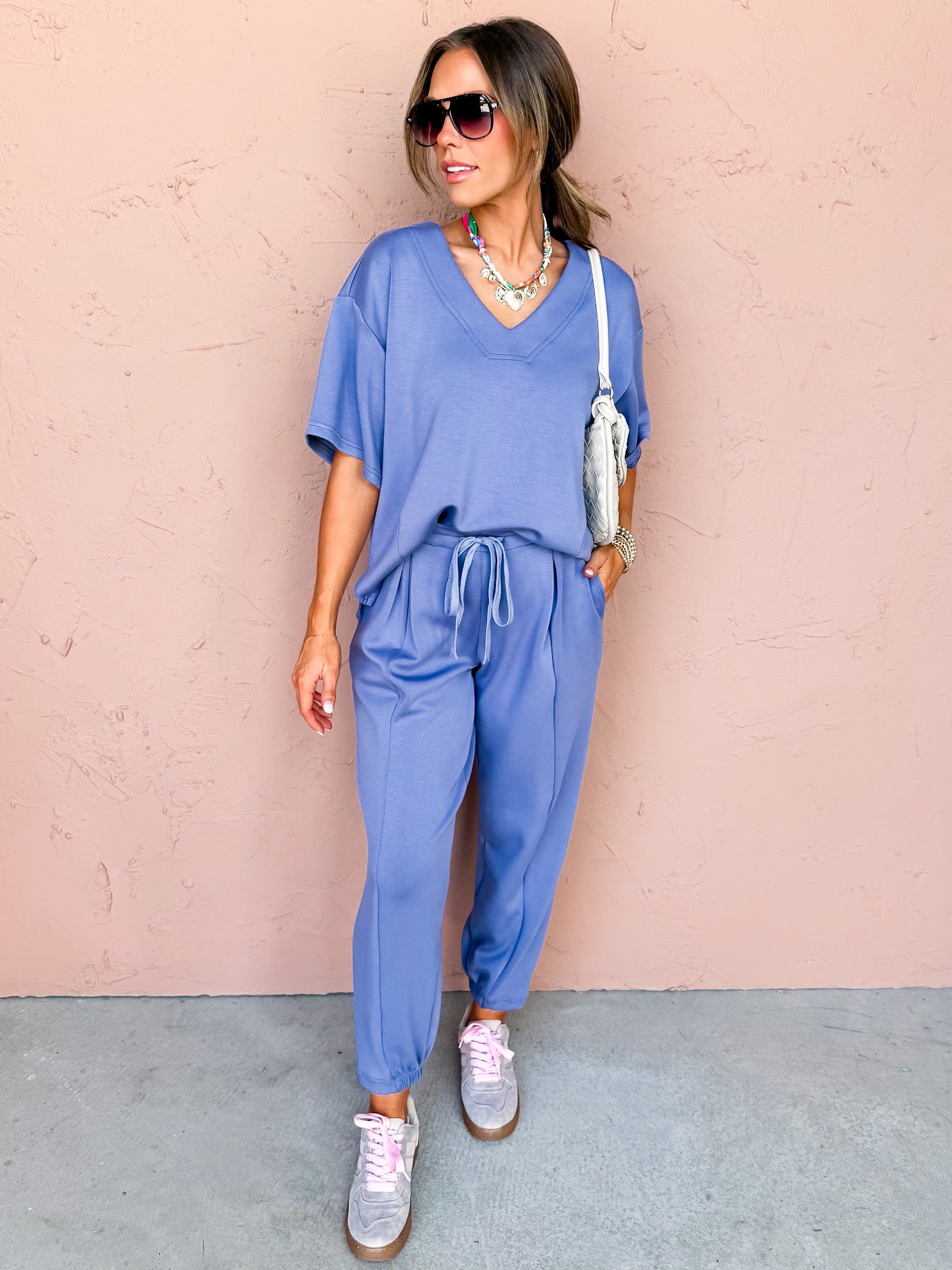 Calming Presence V Neck Top-Denim Blue