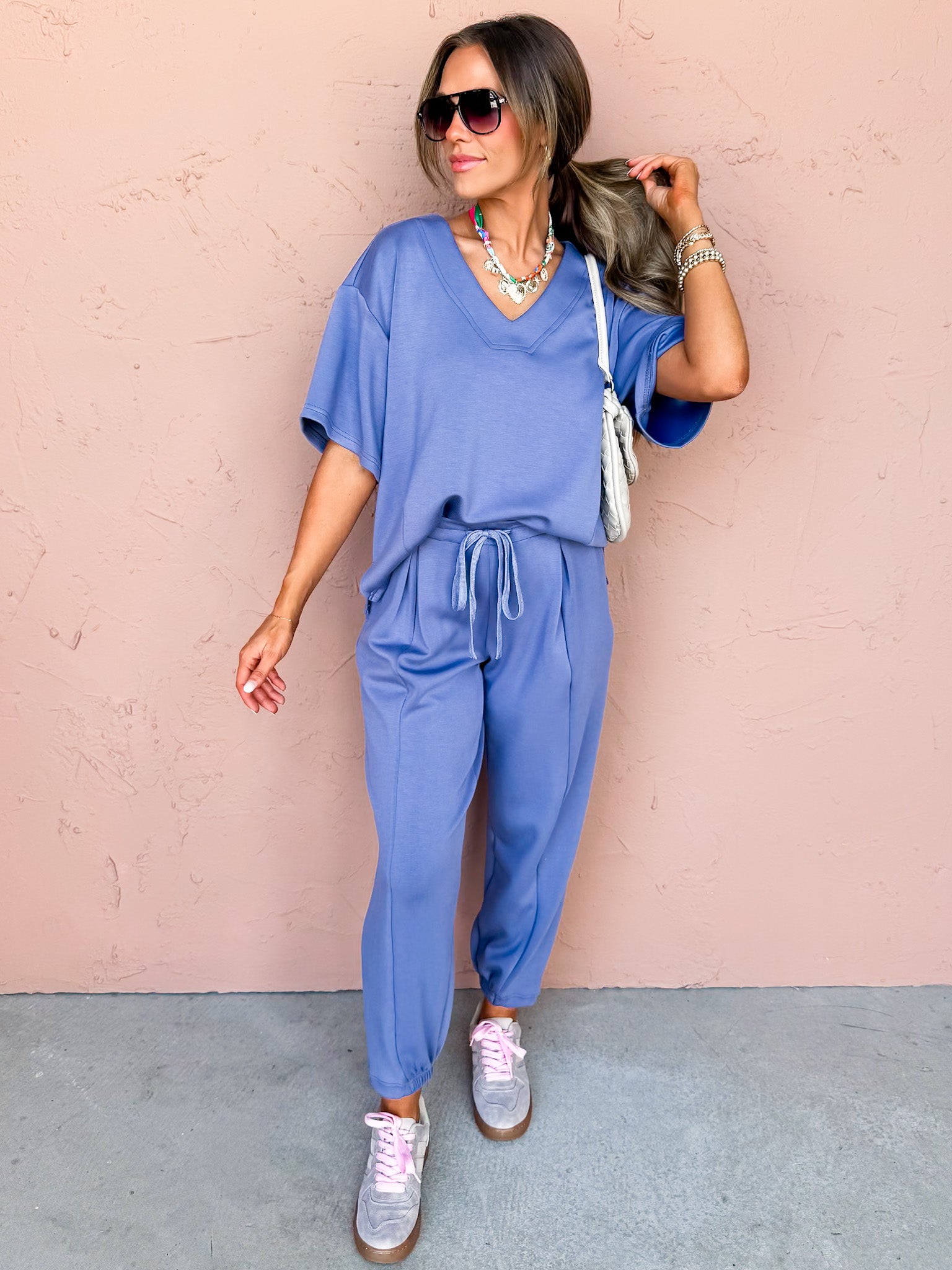 Calming Presence V Neck Top-Denim Blue