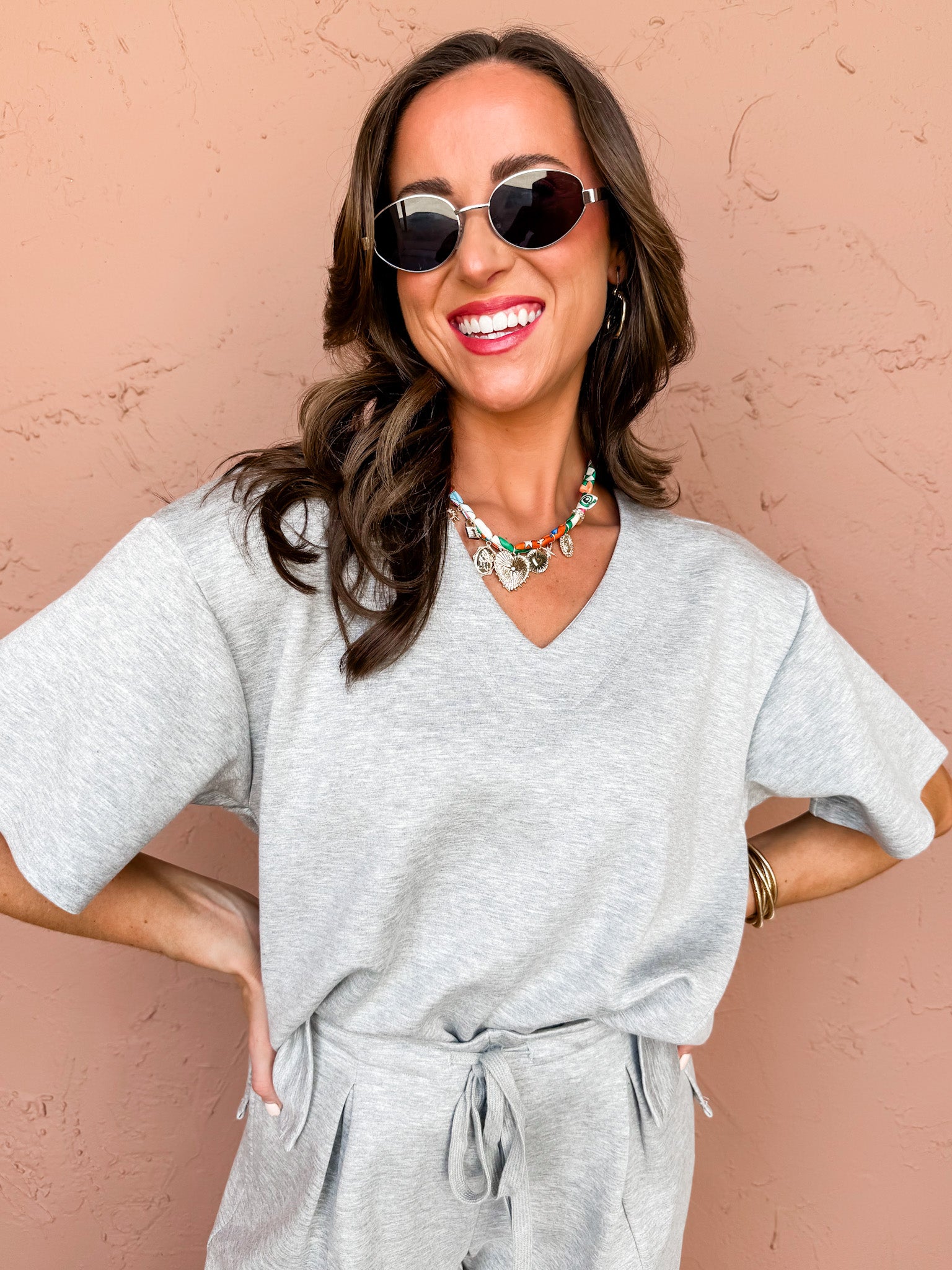 Calming Presence V Neck Top-Heather Grey