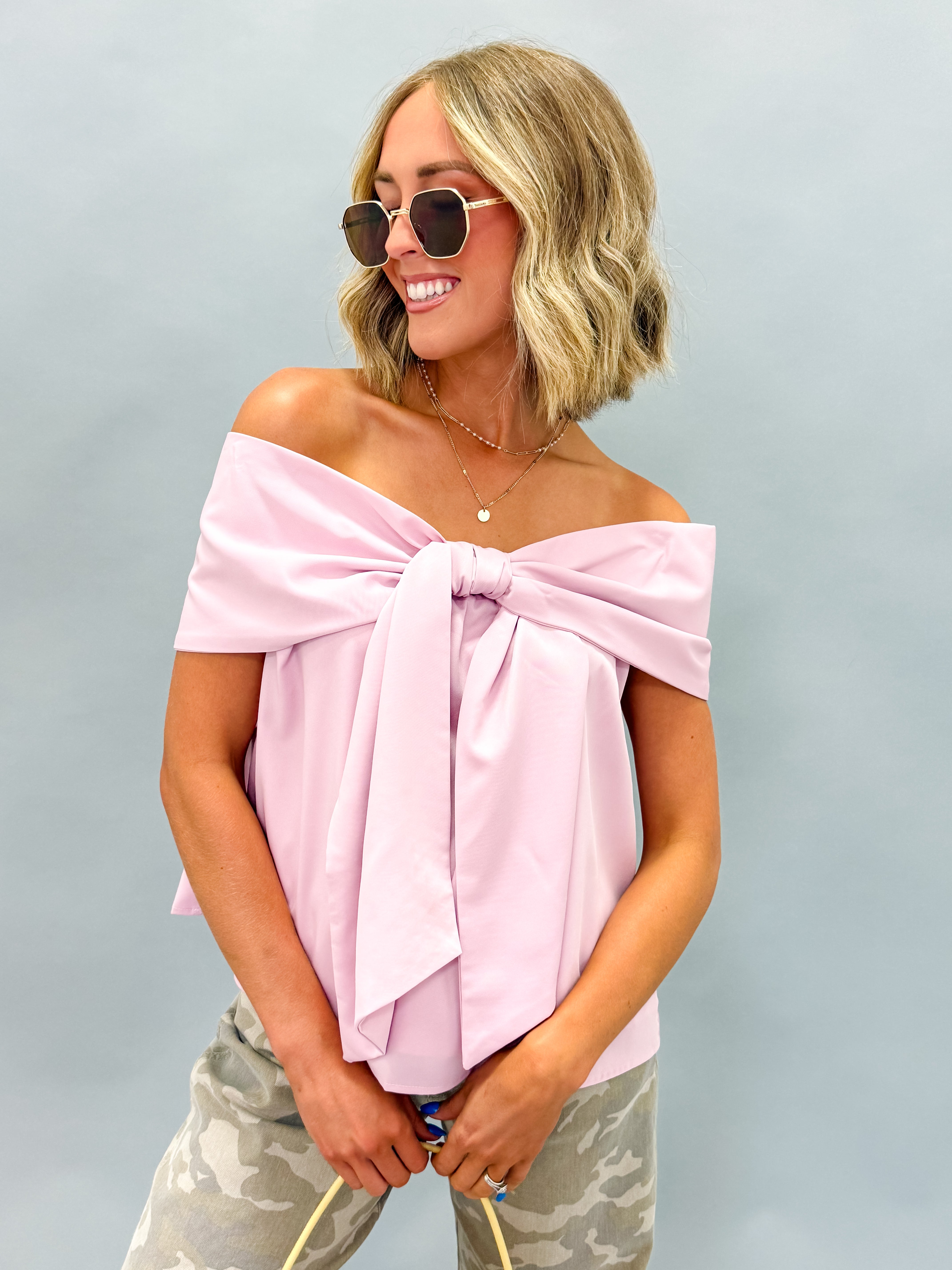 Camilla Bow Accent Off The Should Top-Lilac