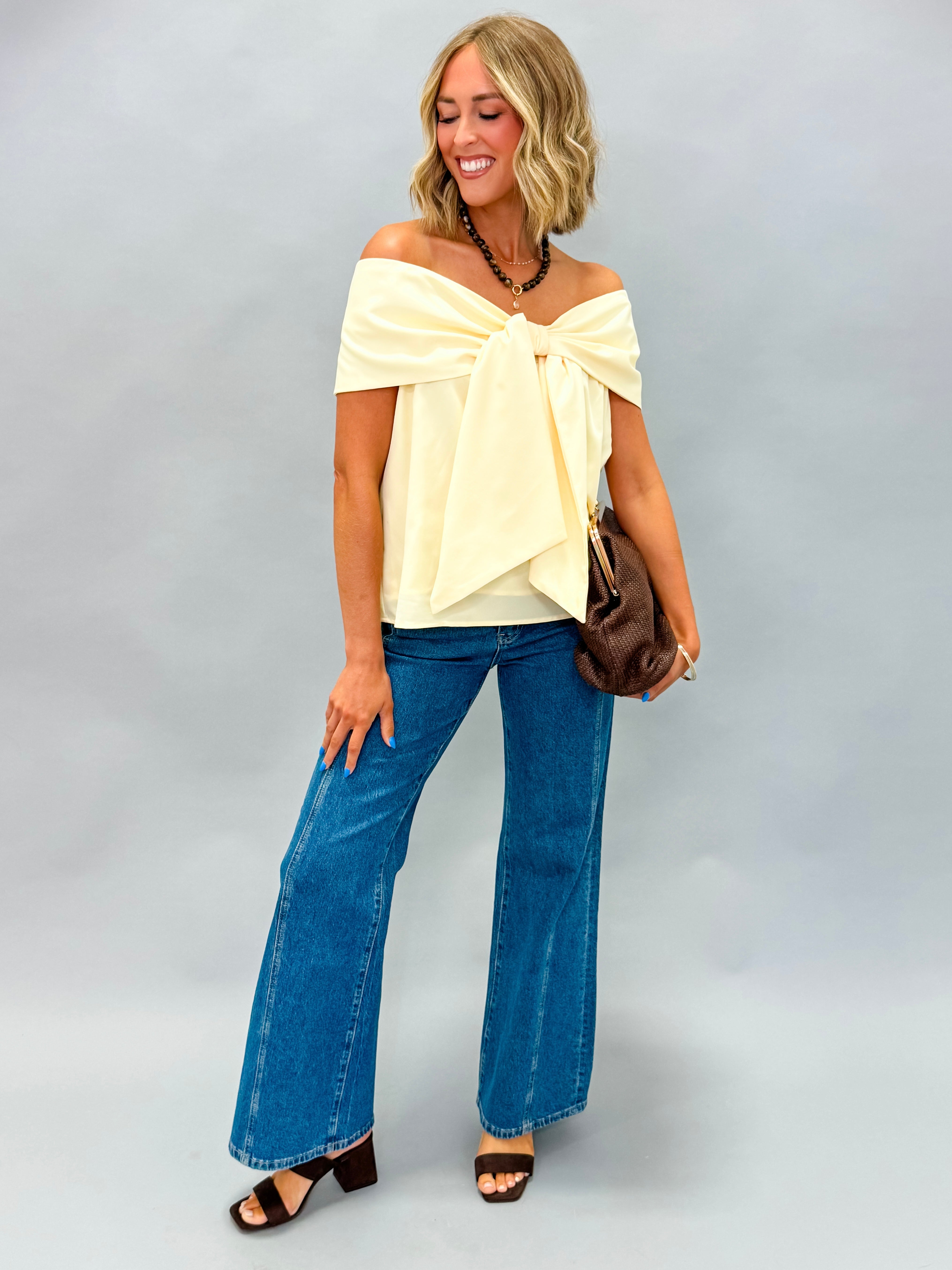 Camilla Bow Accent Off The Should Top-Yellow