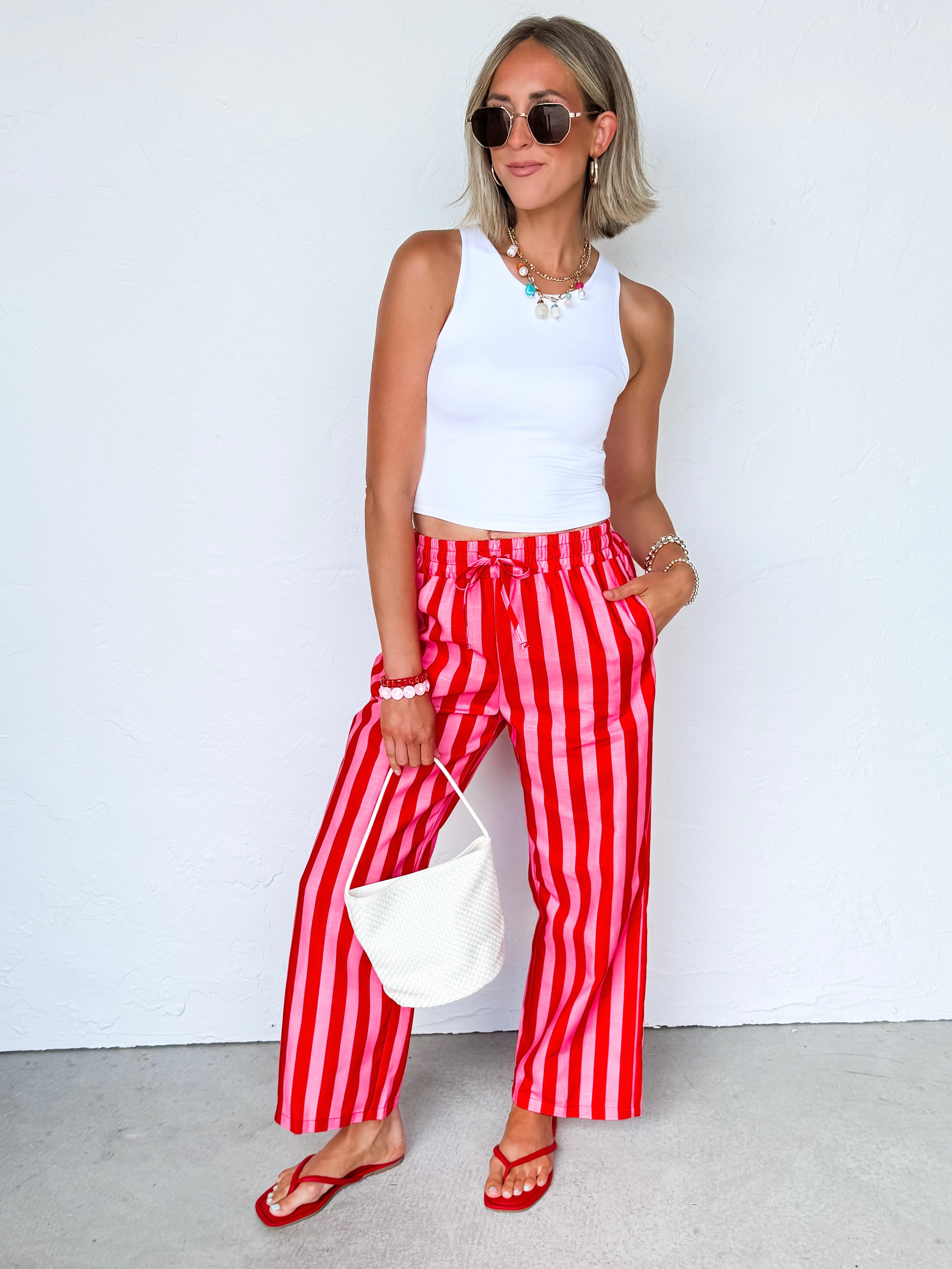 Carina Striped Drawstring Wide Leg Pants-Red