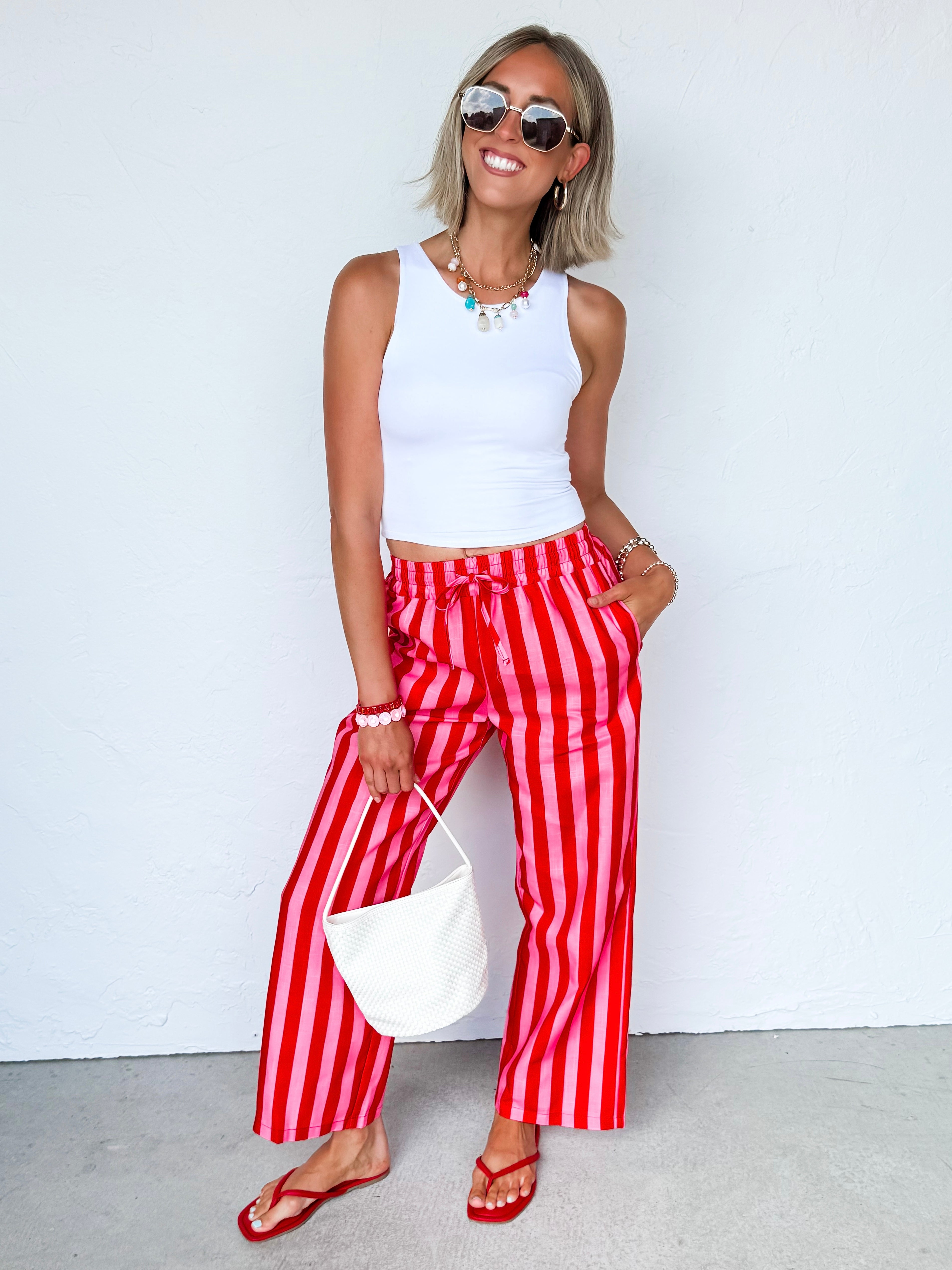Carina Striped Drawstring Wide Leg Pants-Red