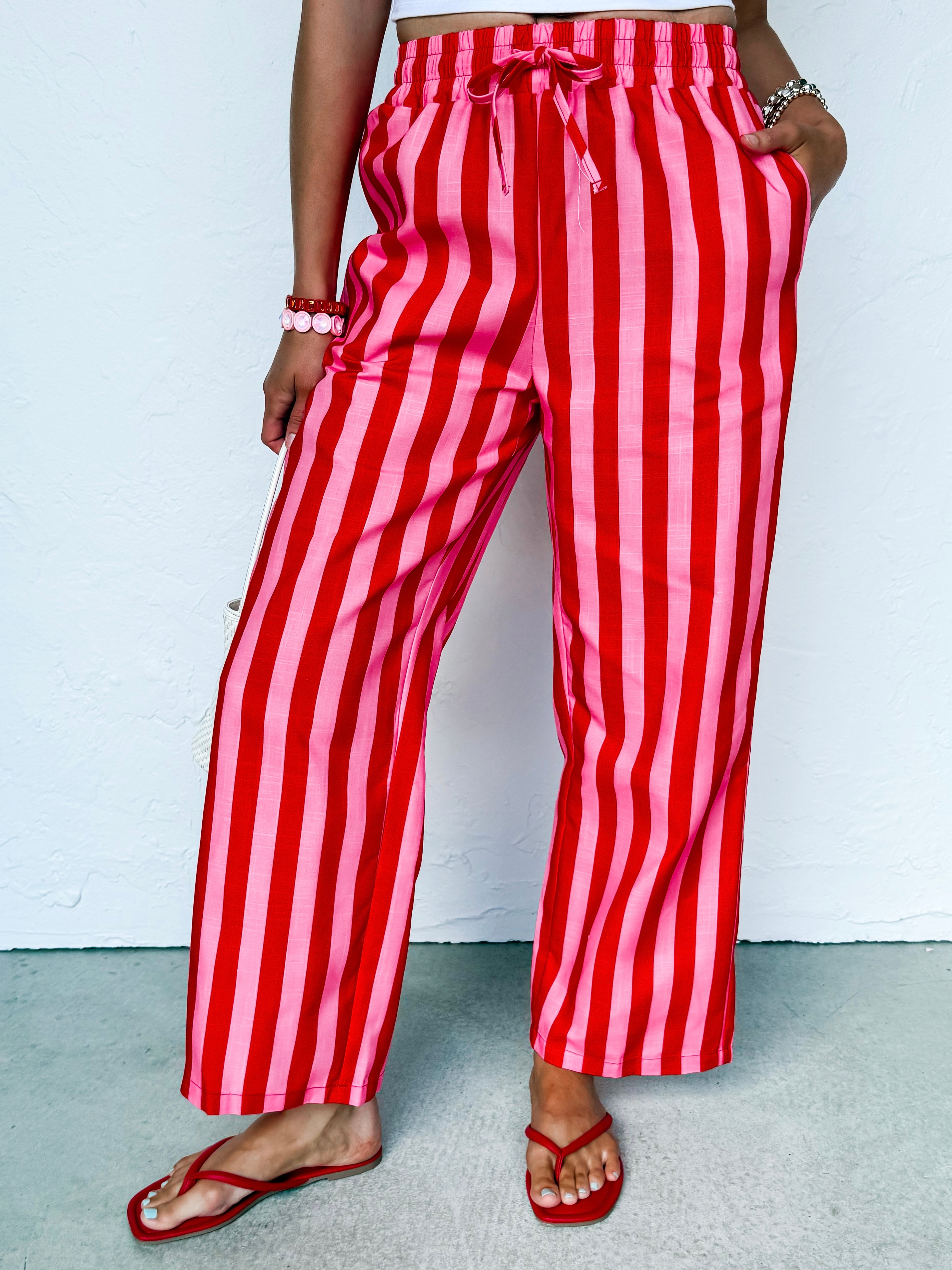 Carina Striped Drawstring Wide Leg Pants-Red