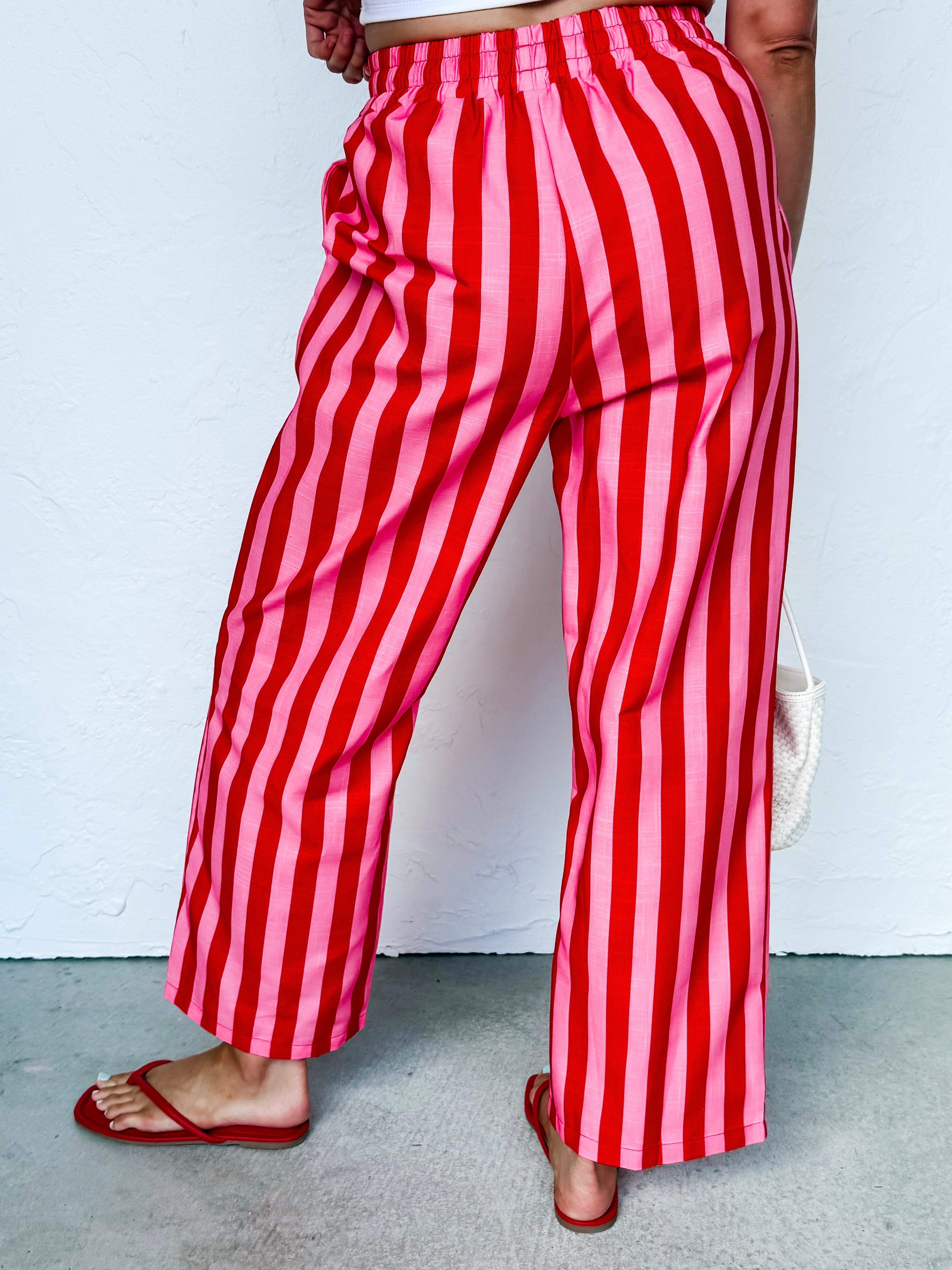 Carina Striped Drawstring Wide Leg Pants-Red