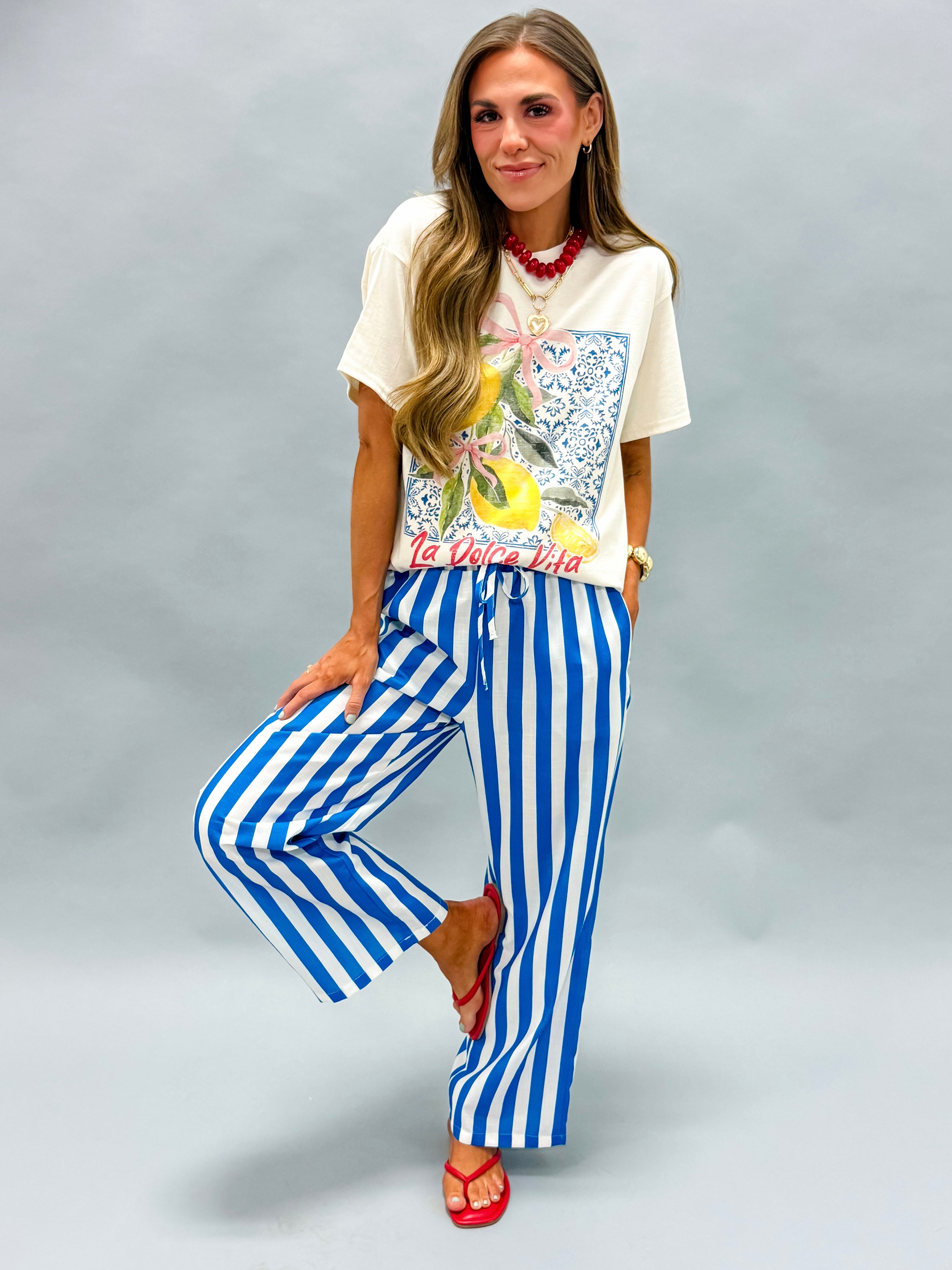 Carina Striped Drawstring Wide Leg Pants-Blue