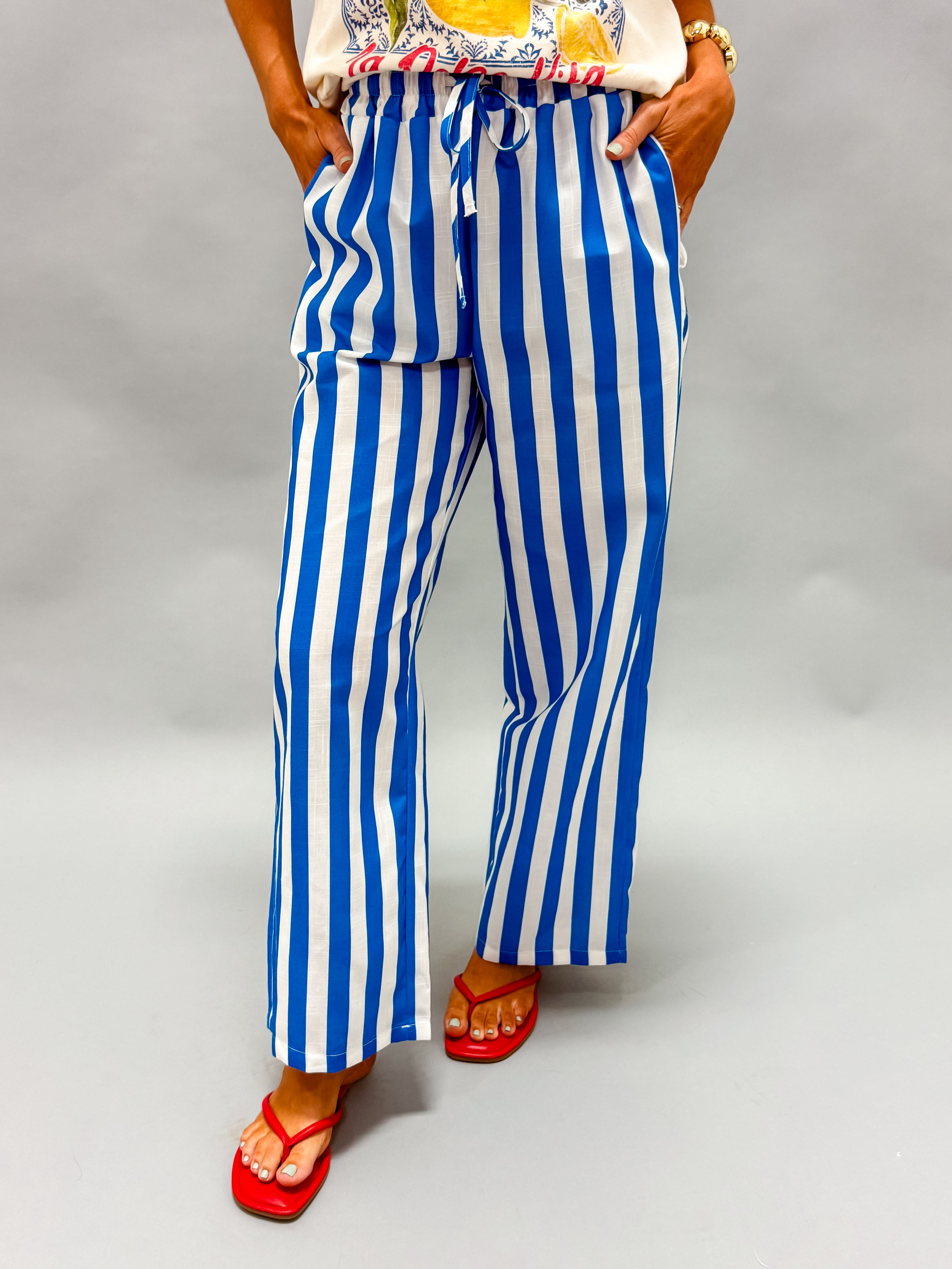 Carina Striped Drawstring Wide Leg Pants-Blue