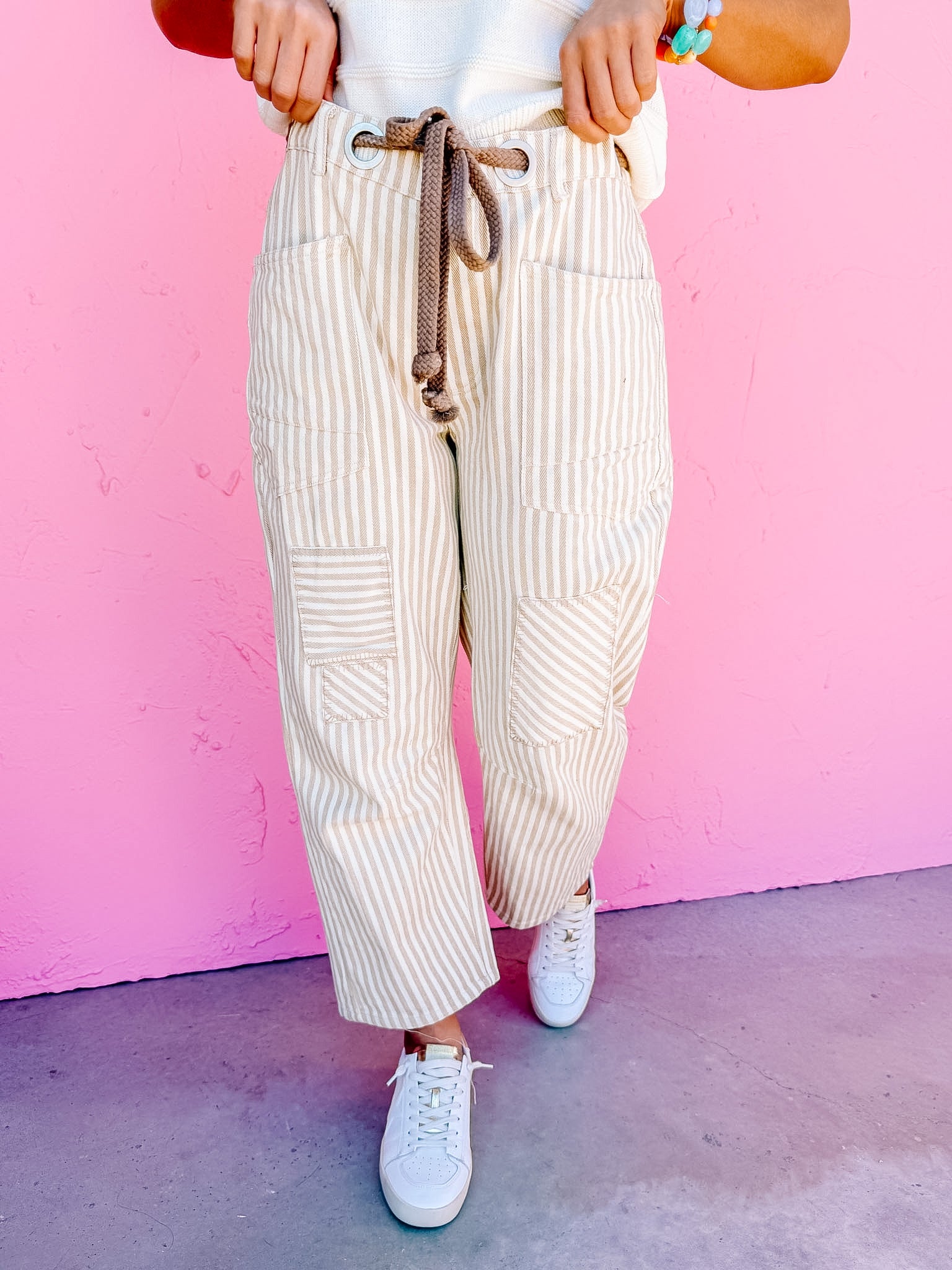 Carsen Striped Barrel Pants-Oatmeal