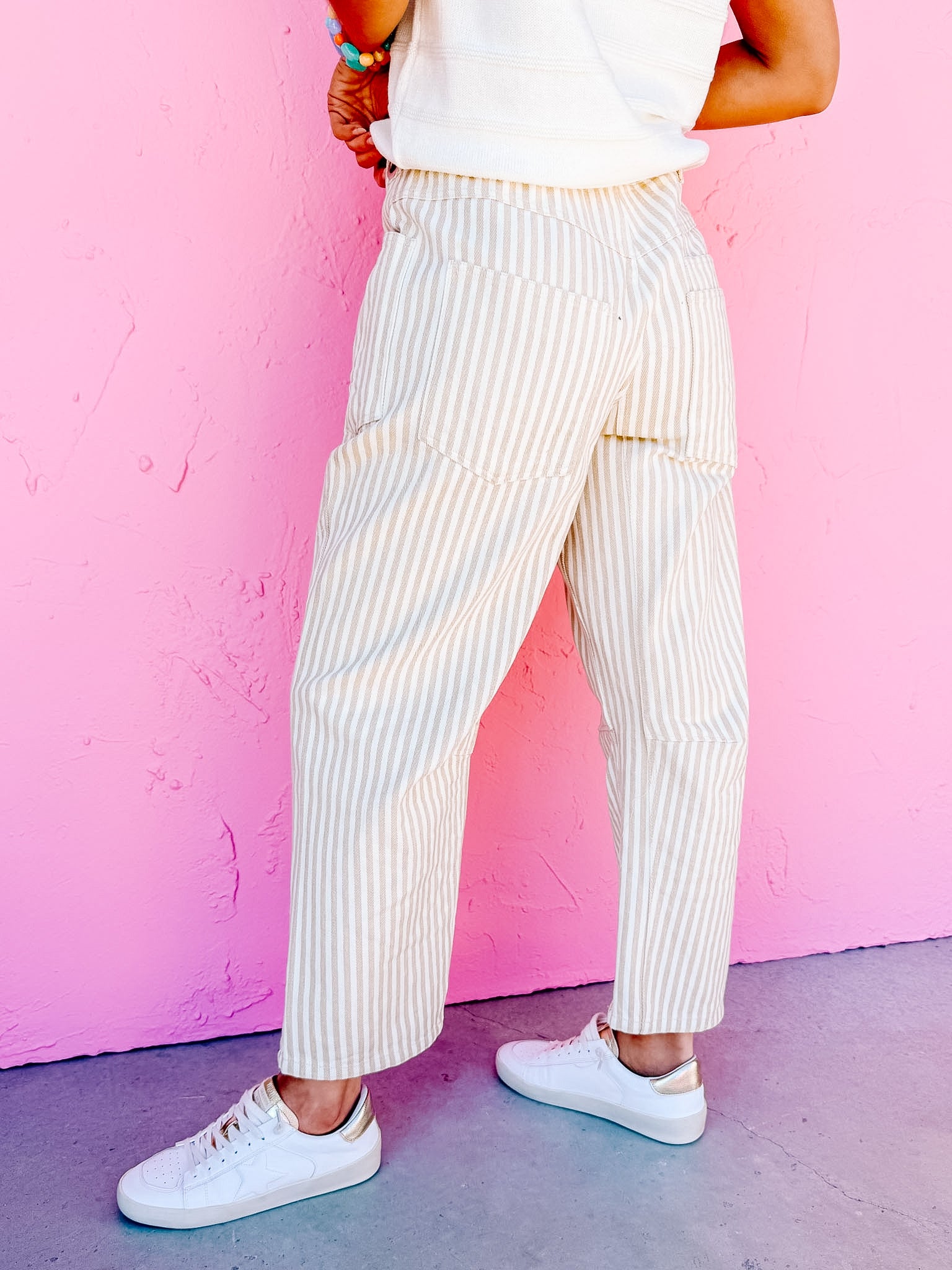 Carsen Striped Barrel Pants-Oatmeal