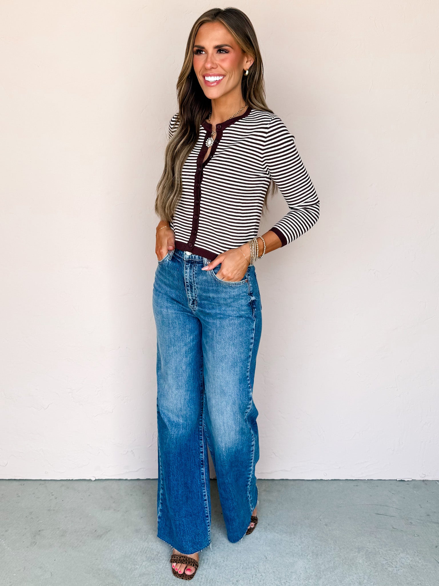 Casual Hangout Striped Button Front Cardigan-Brown Cream