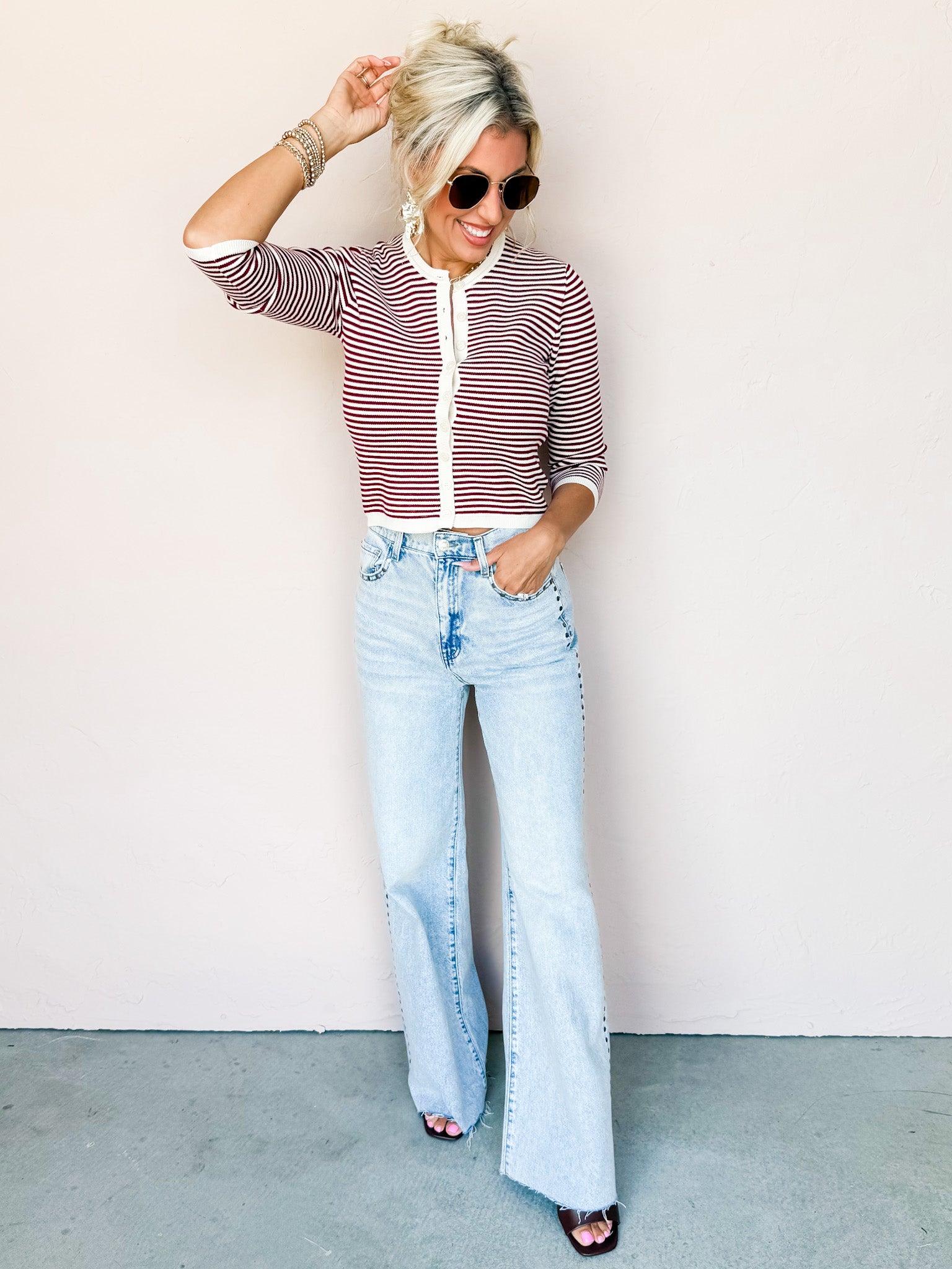 Casual Hangout Striped Button Front Cardigan-Cream Burgundy