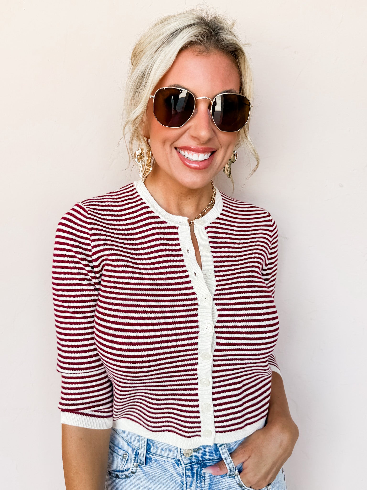 Casual Hangout Striped Button Front Cardigan-Cream Burgundy