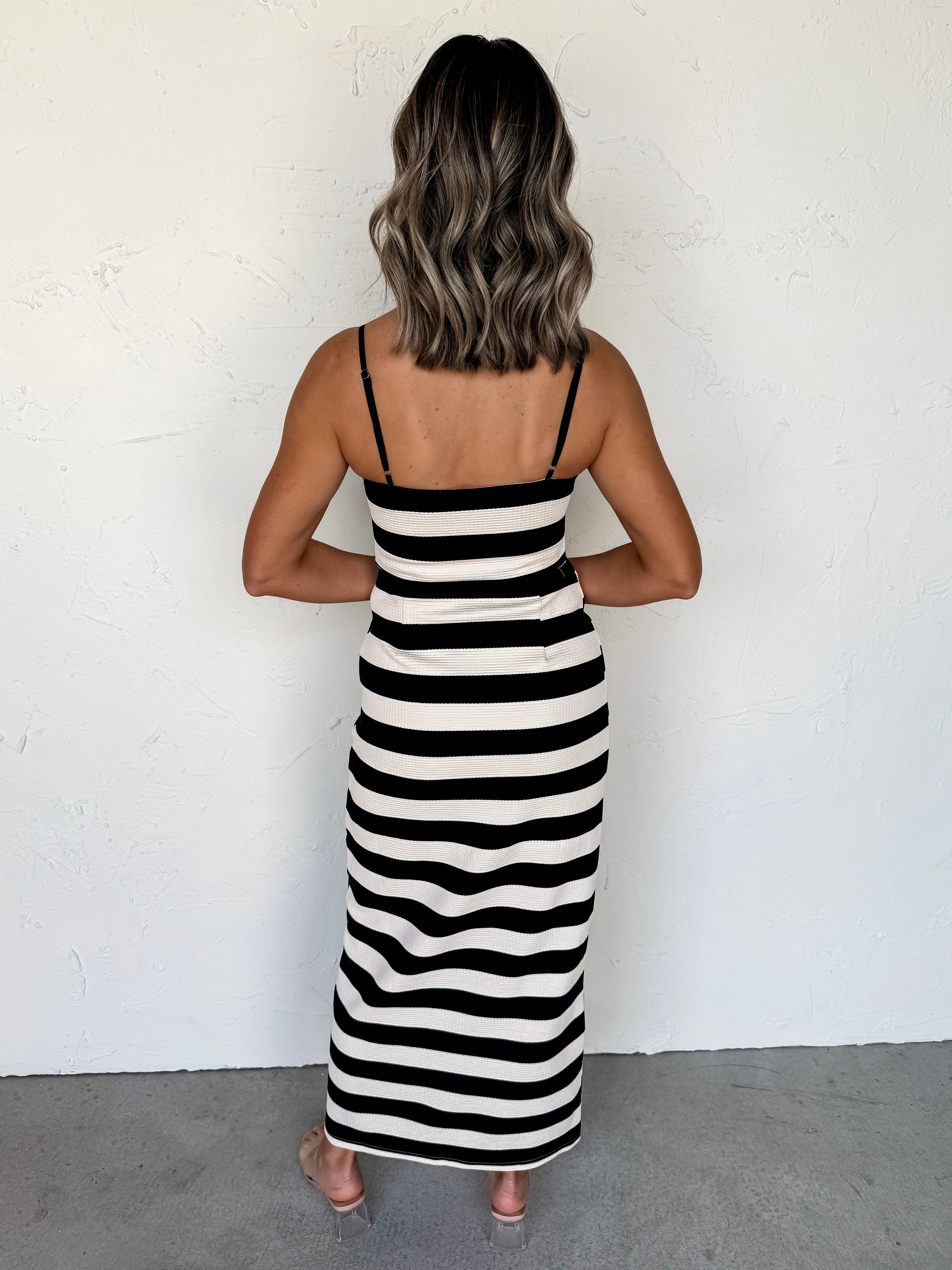 Caught Feelings Striped Dress-Black