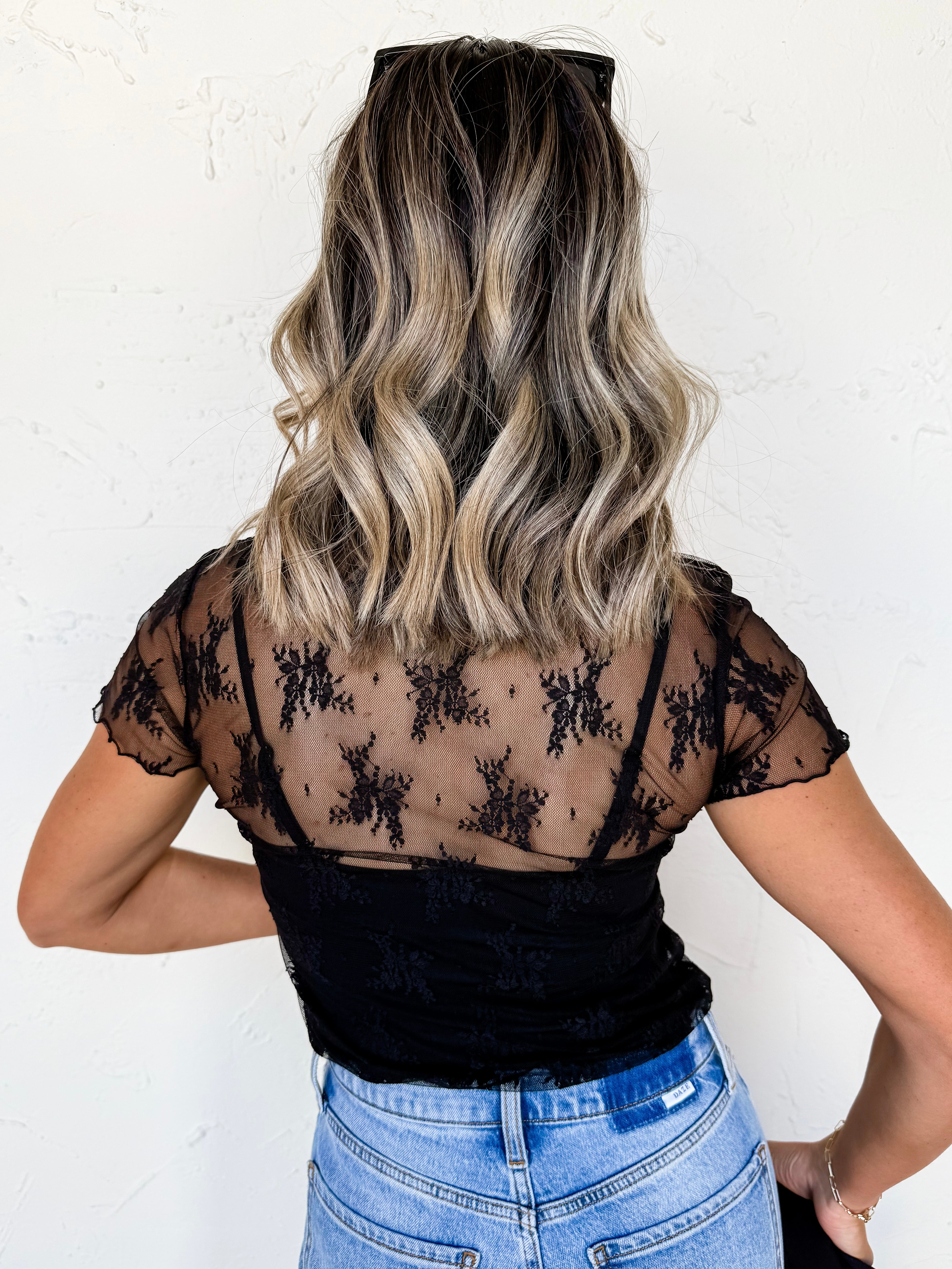 Center of Attention Short Sleeve Lace Layering Top-Black