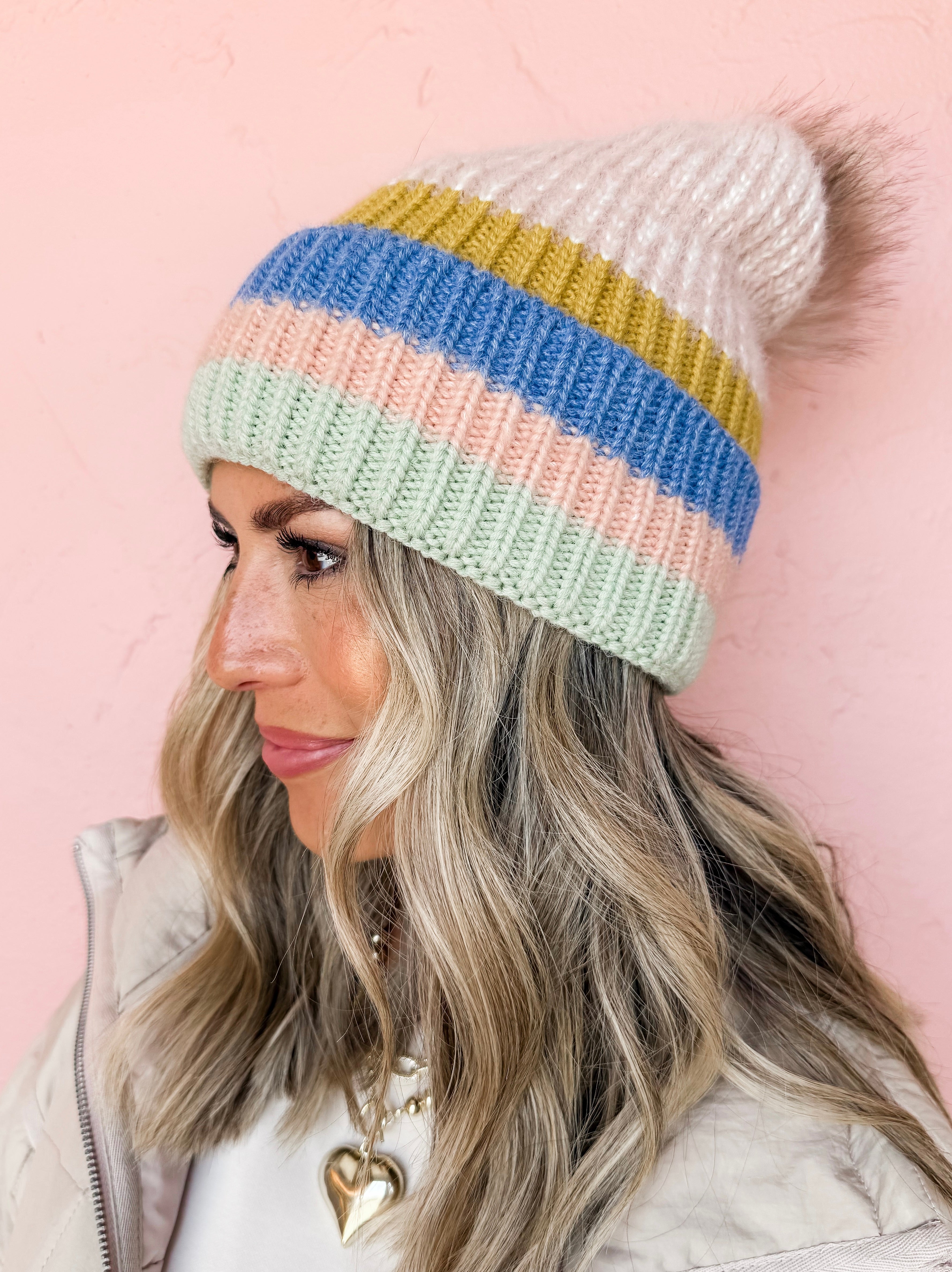 Charmed Life Striped Pom Beanie