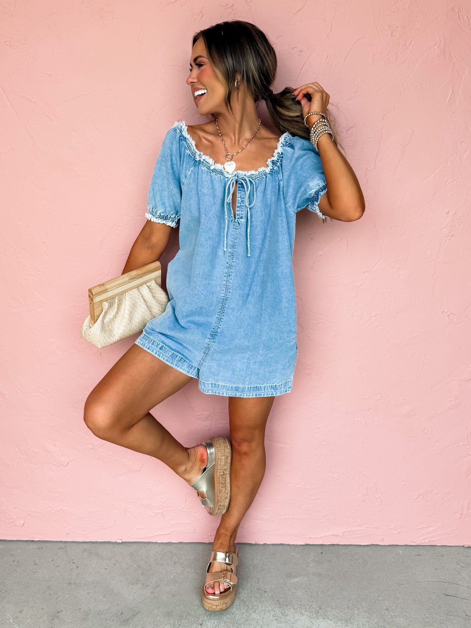 Chasing Summer Denim Off The Shoulder Romper