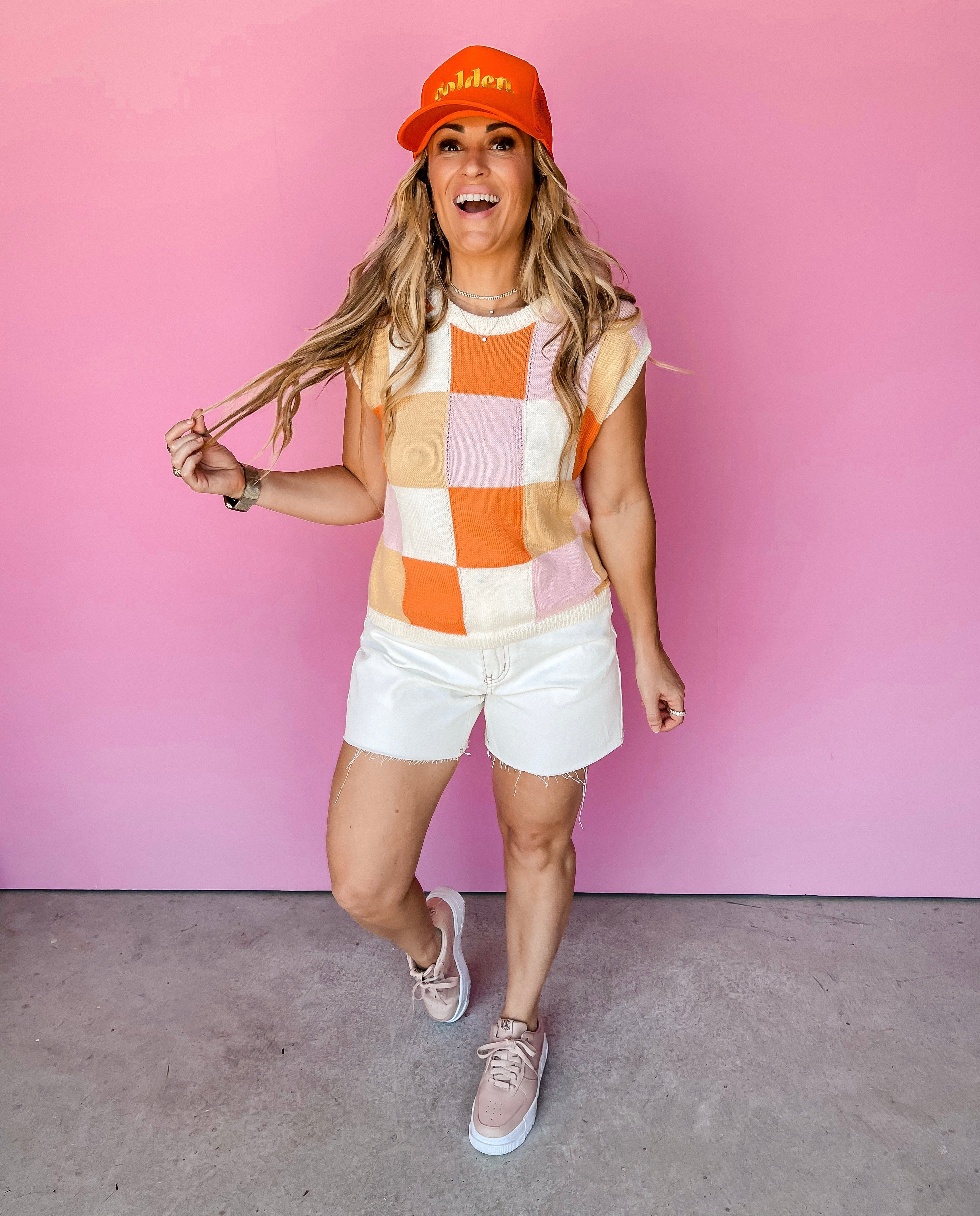 Checking You Out Knit Top-Ivory Orange