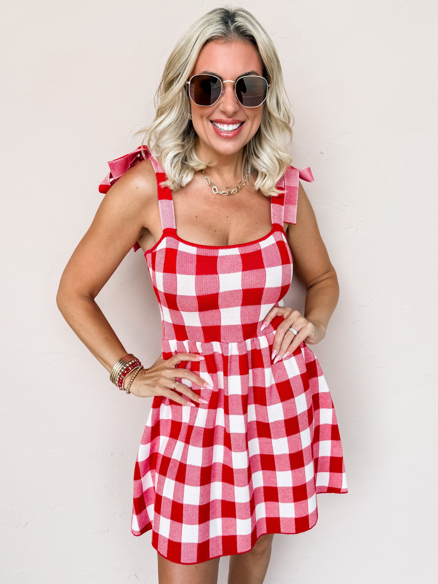 Cherry Check Darling Knit Babydoll Dress