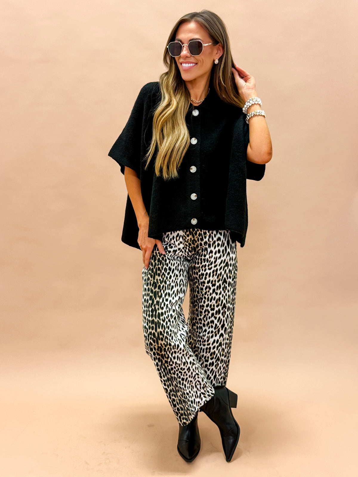 Cheyenne Button Up Cape Cardigan-Black