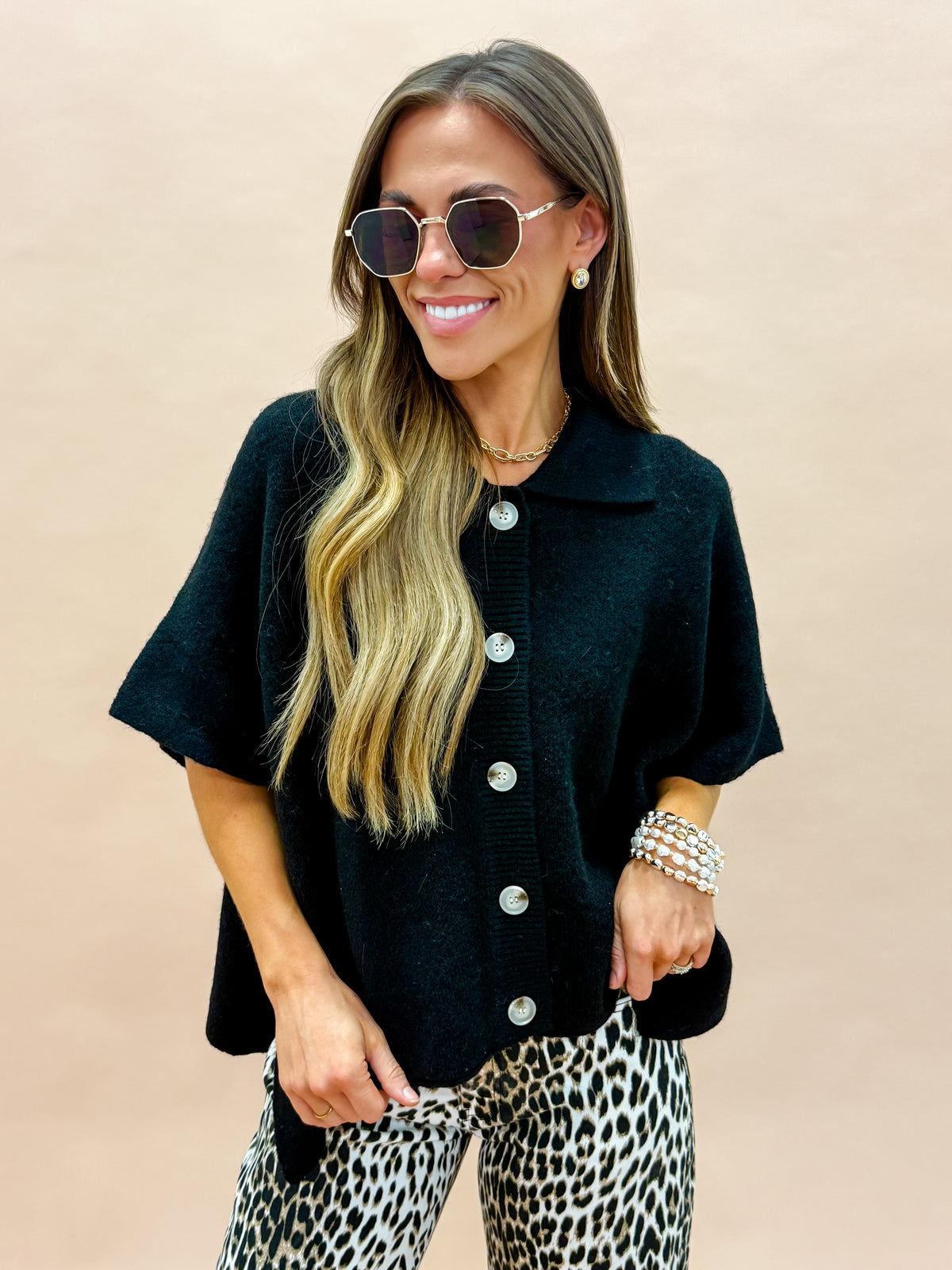 Cheyenne Button Up Cape Cardigan-Black