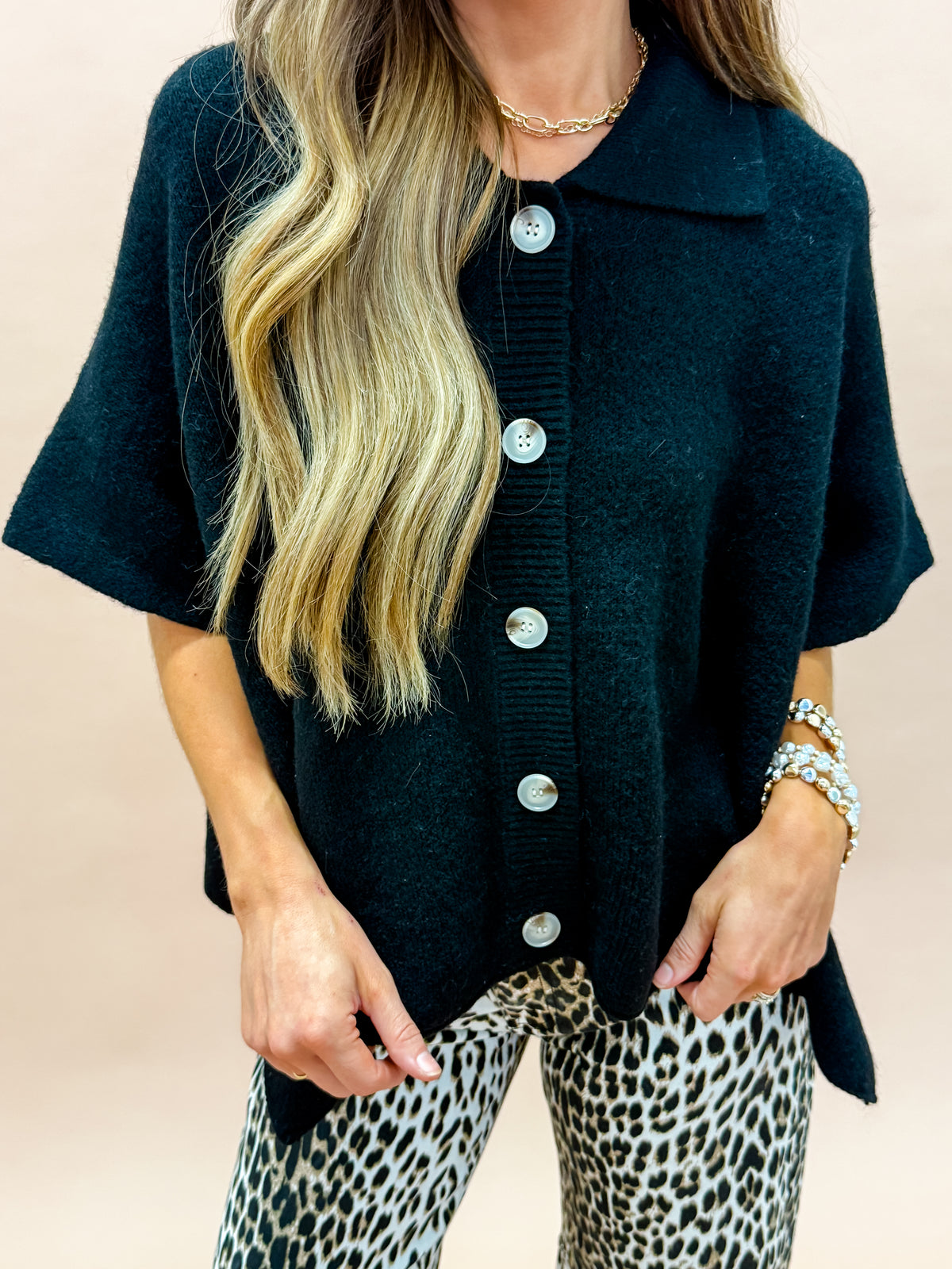 Cheyenne Button Up Cape Cardigan-Black