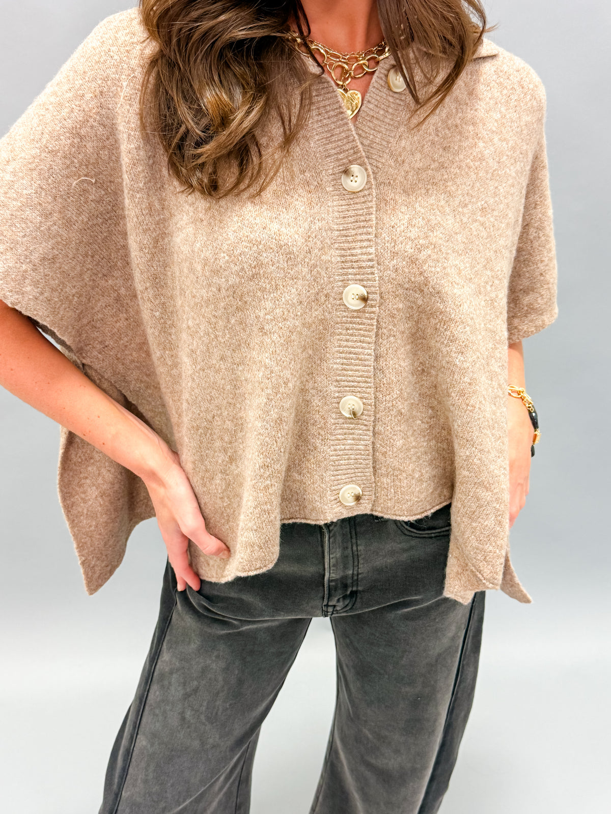 Cheyenne Button Up Cape Cardigan-Latte