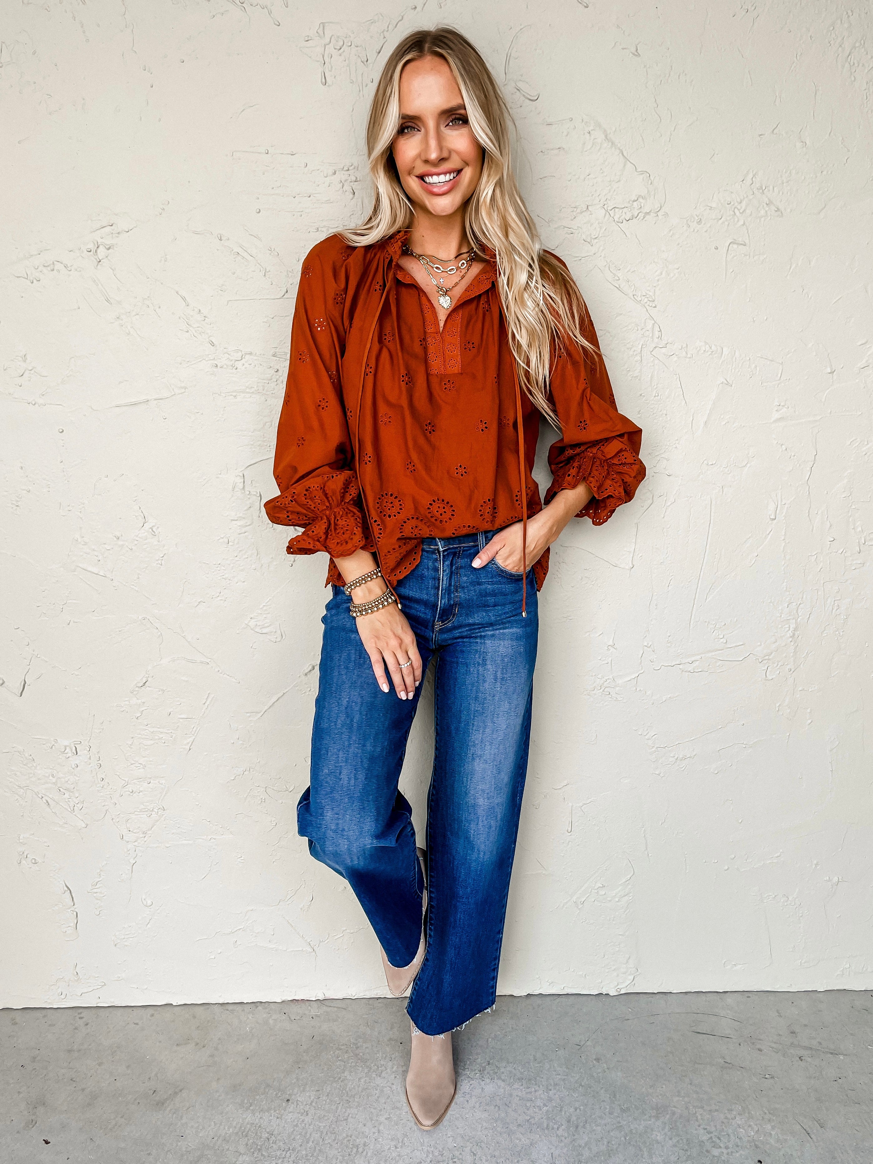 Classic Move Eyelet Split Neck Top