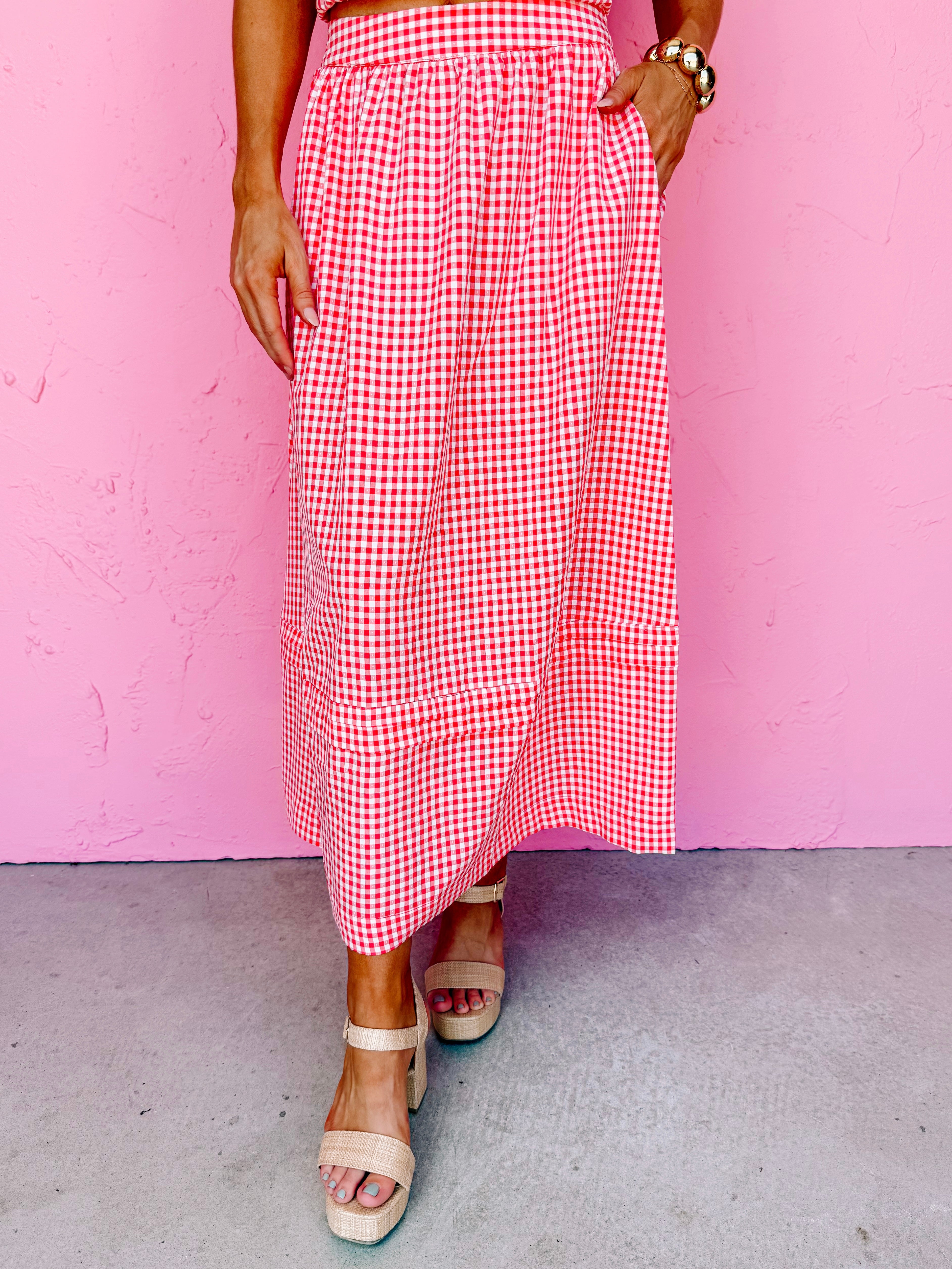 Collie Gingham Midi Skirt-Red