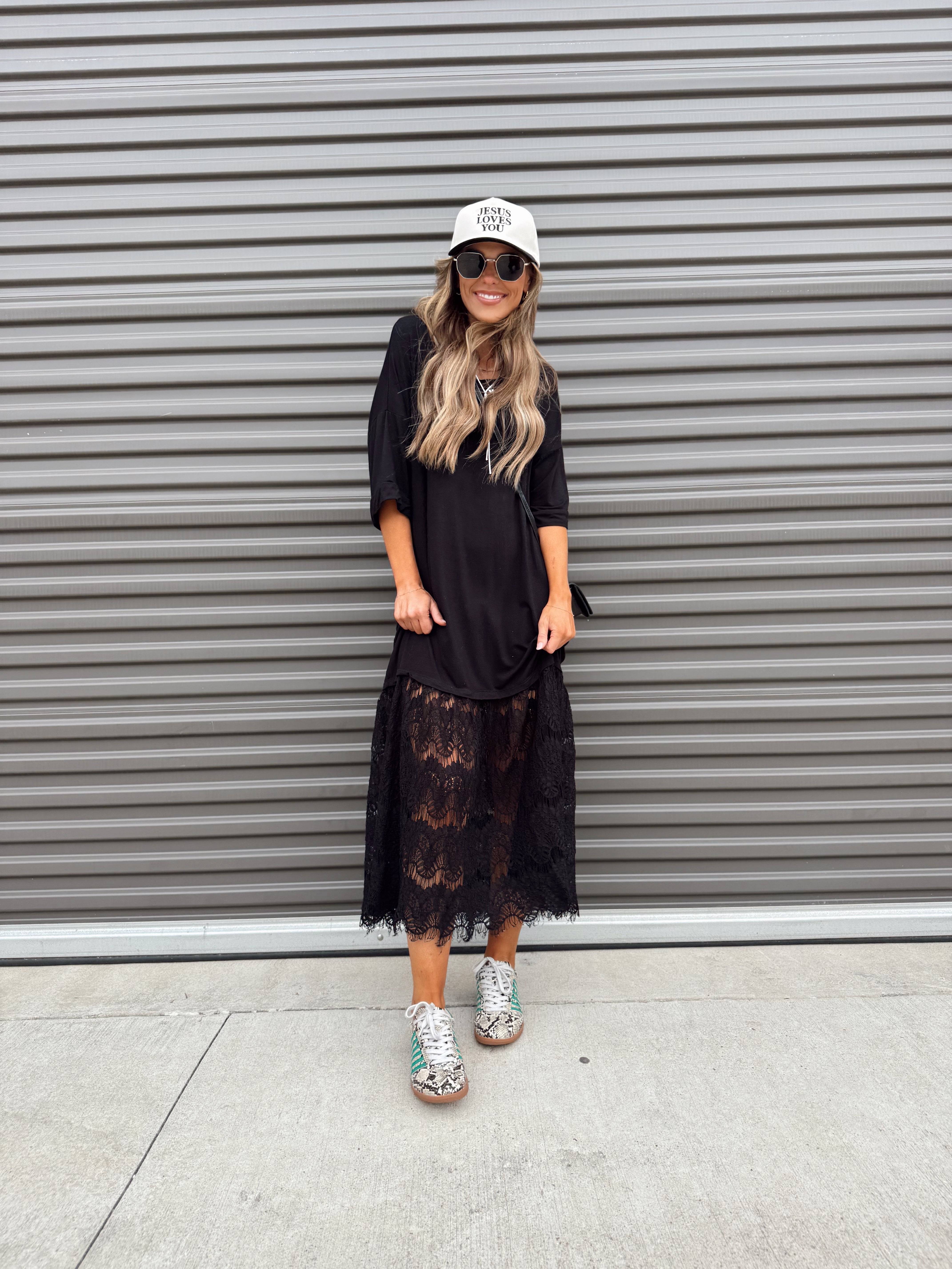 The Carley Dress – Made in USA Jersey T-Shirt Dress with Lace Hem