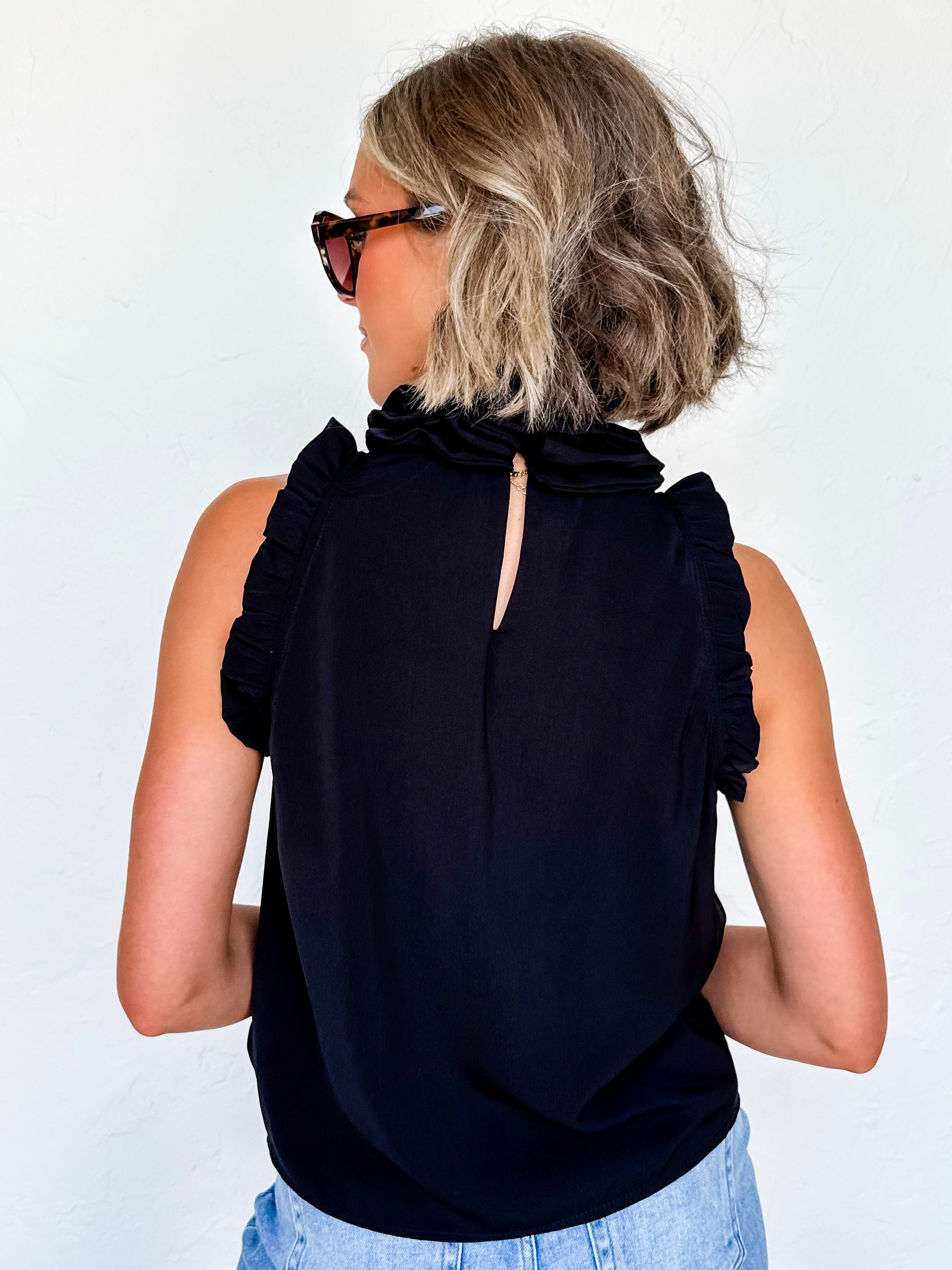 Dacie Ruffle Mock Neck Tank-Black
