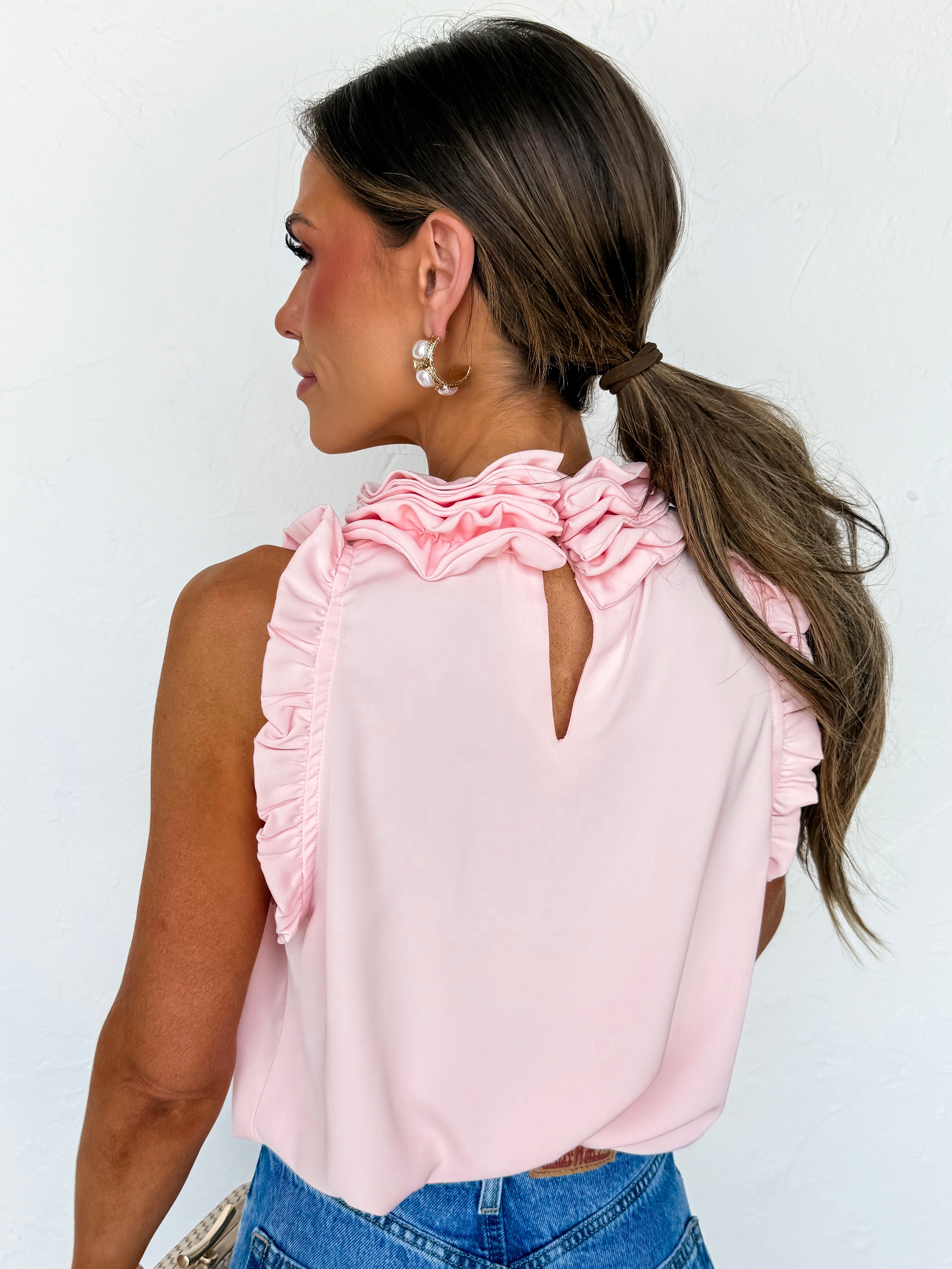 Dacie Ruffle Mock Neck Tank-Blush
