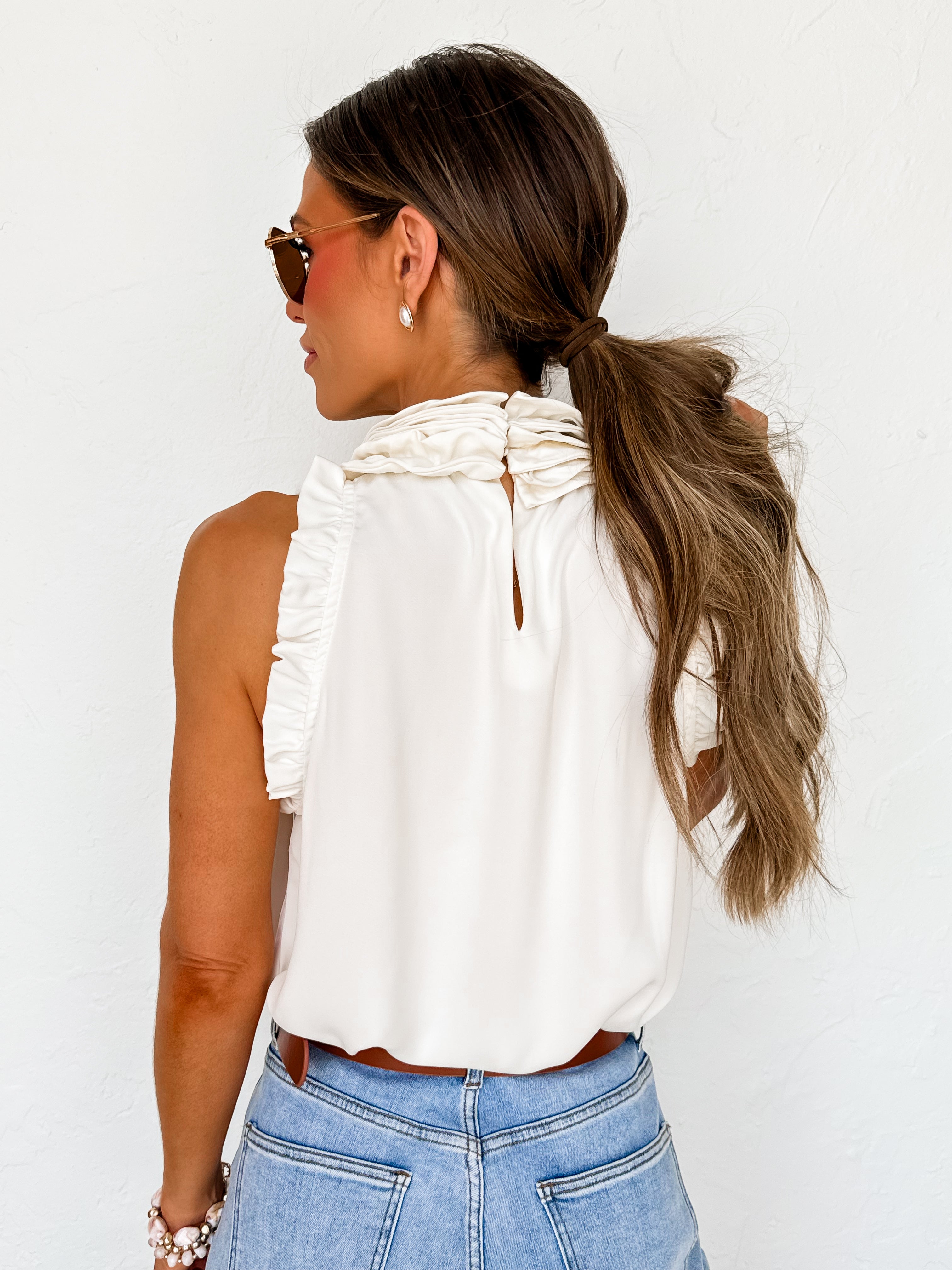 Dacie Ruffle Mock Neck Tank-Cream